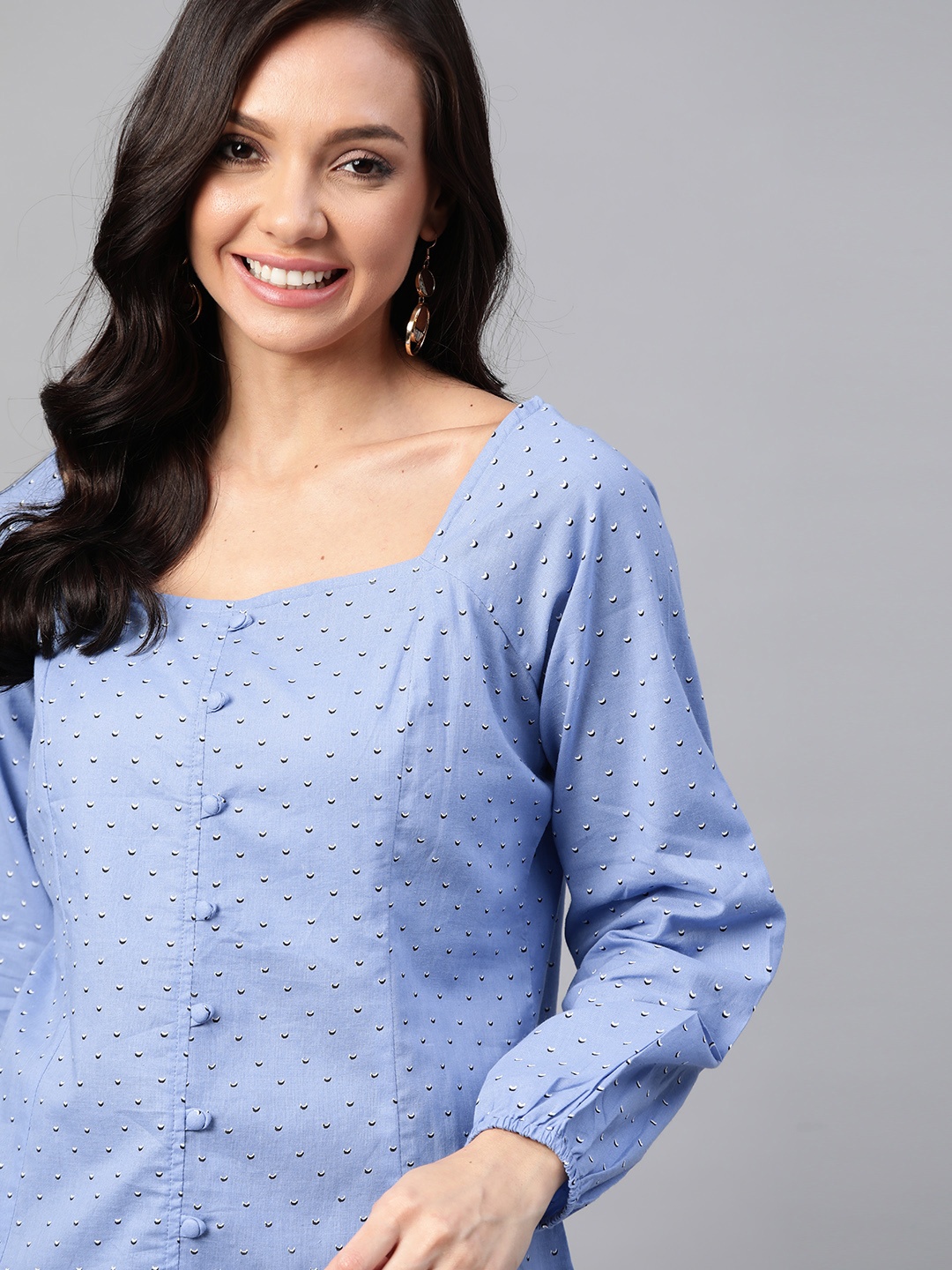

HERE&NOW Blue & Black Geometric Puff Sleeve Cotton Regular Top