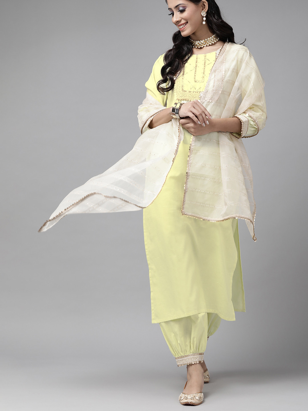 

Indo Era Women Yellow Pure Cotton Yoke Design Kurta with Trousers & Dupatta