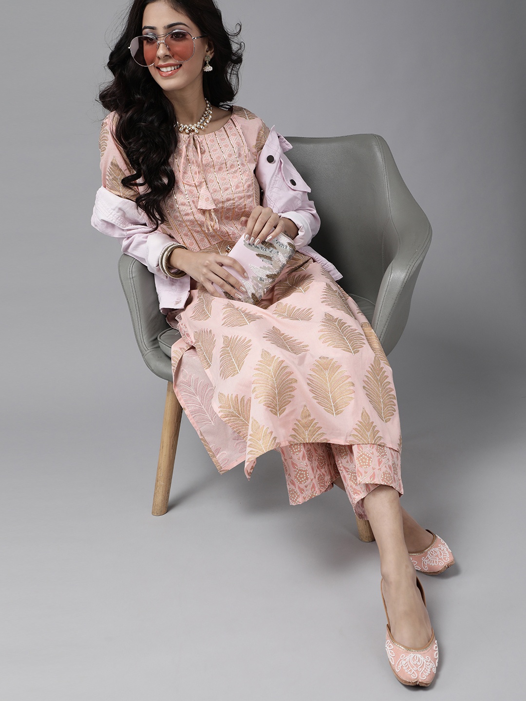 

Indo Era Women Pink & Golden Pure Cotton Printed Gotta Patti Kurta with Palazzos