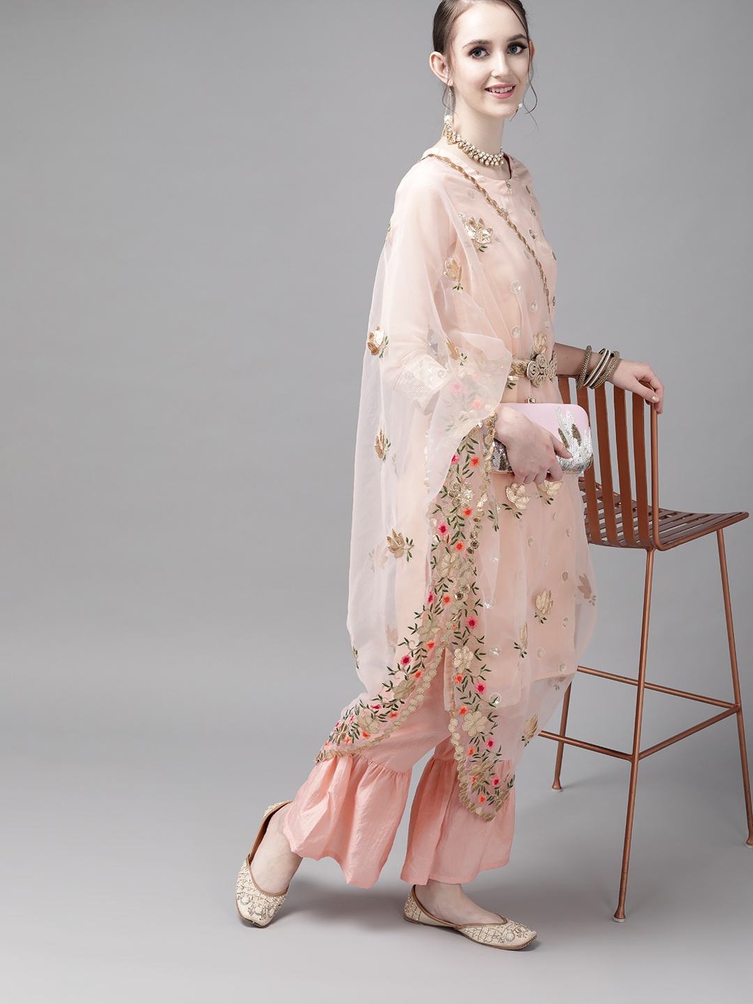 

Indo Era Women Pink Embroidered Sequinned Kurta with Sharara & Dupatta