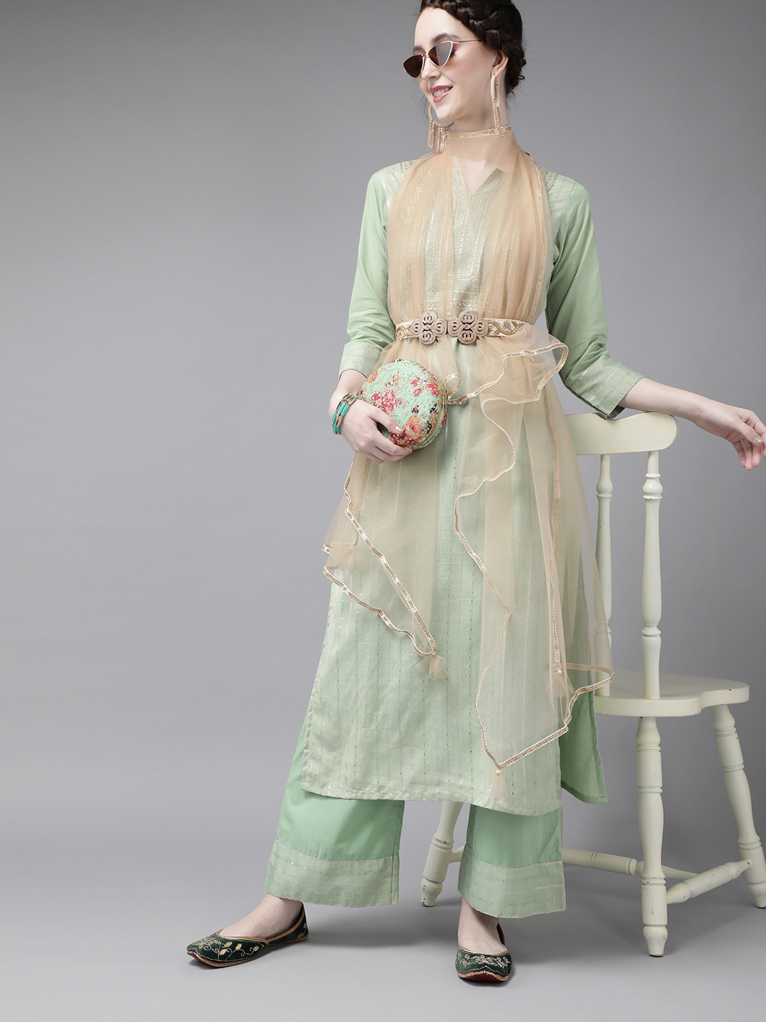 

Indo Era Women Green Striped Gotta Patti Kurta with Palazzos & With Dupatta