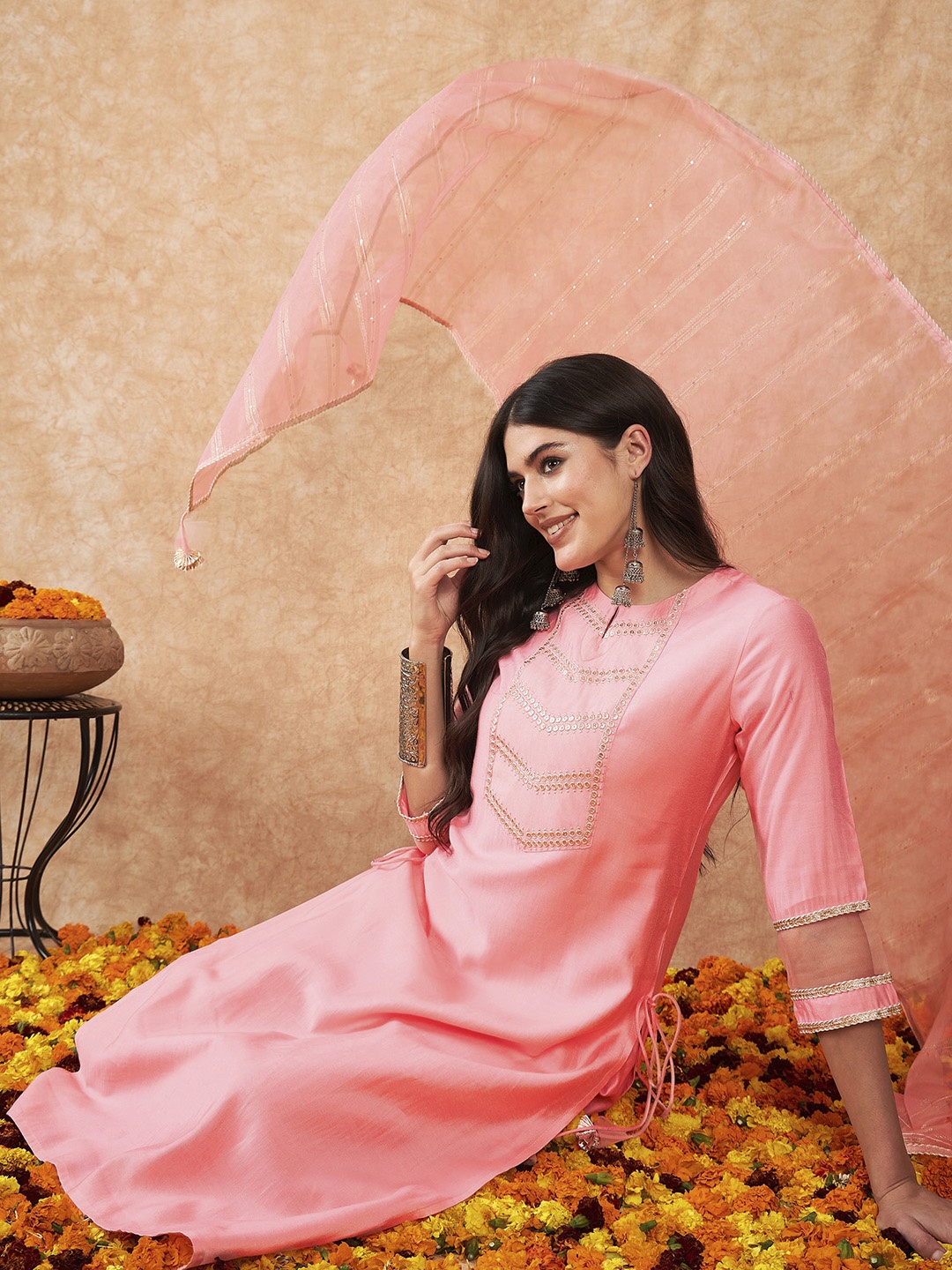 

Indo Era Women Pink Floral Embroidered Sequinned Kurta with Trousers & Dupatta