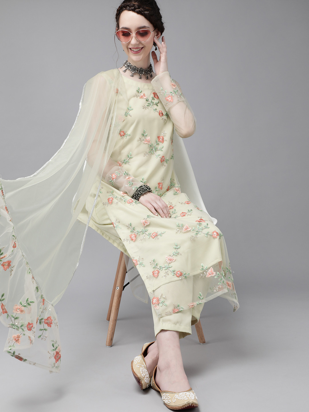 

Indo Era Women Beige Floral Embroidered Kurta with Trousers & Dupatta