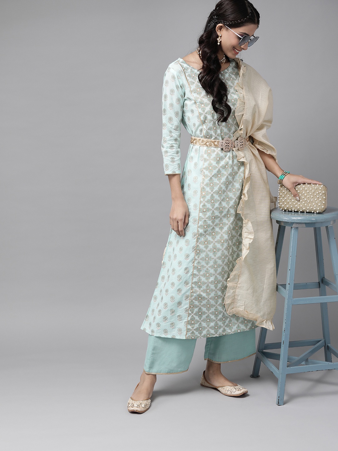 

Indo Era Women Sea Green Ethnic Motifs Pure Cotton Kurta with Trousers & With Dupatta