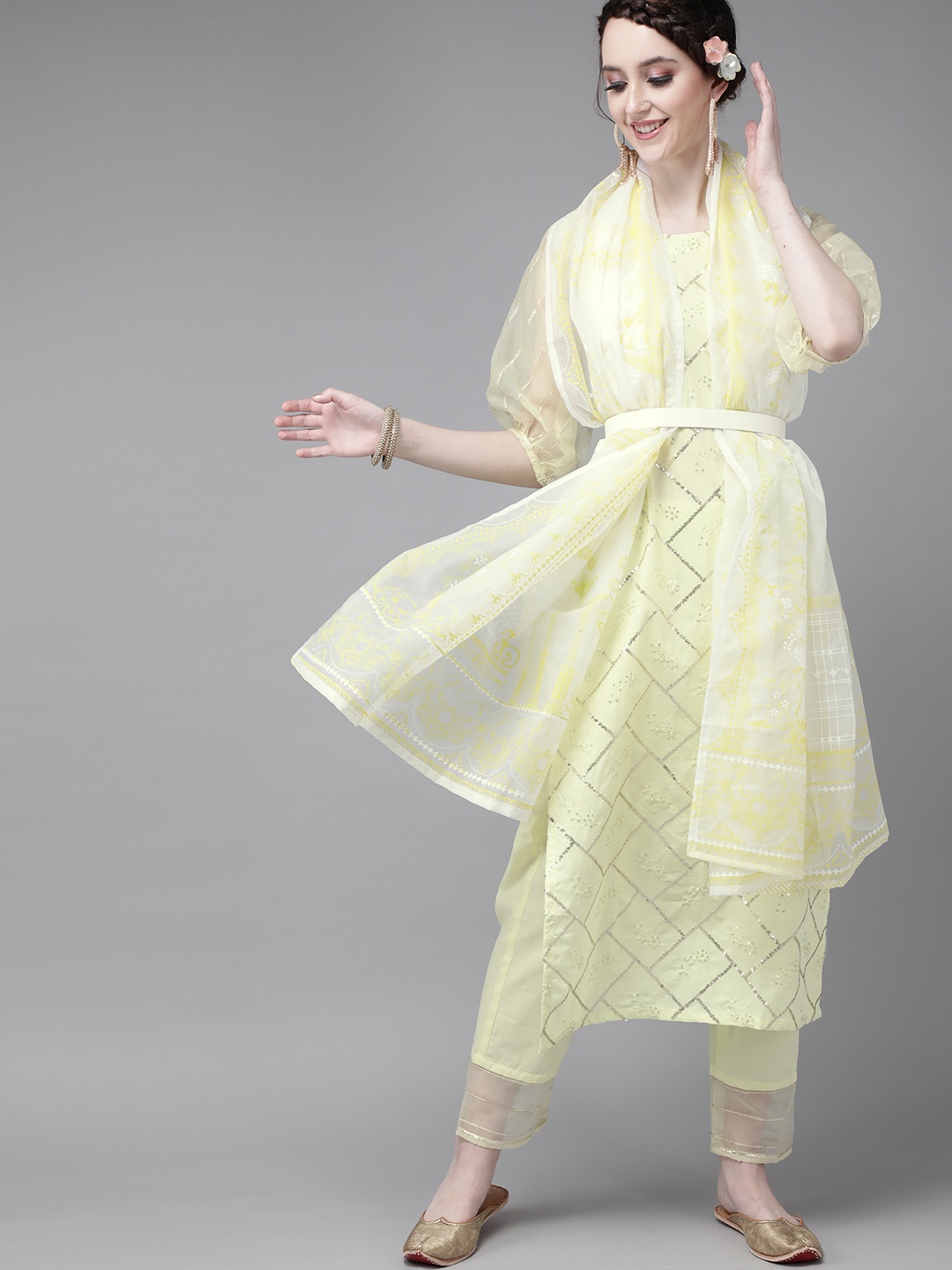 

Indo Era Women Yellow Ethnic Motifs Embroidered Pure Cotton Kurta with Trousers & With Dupatta