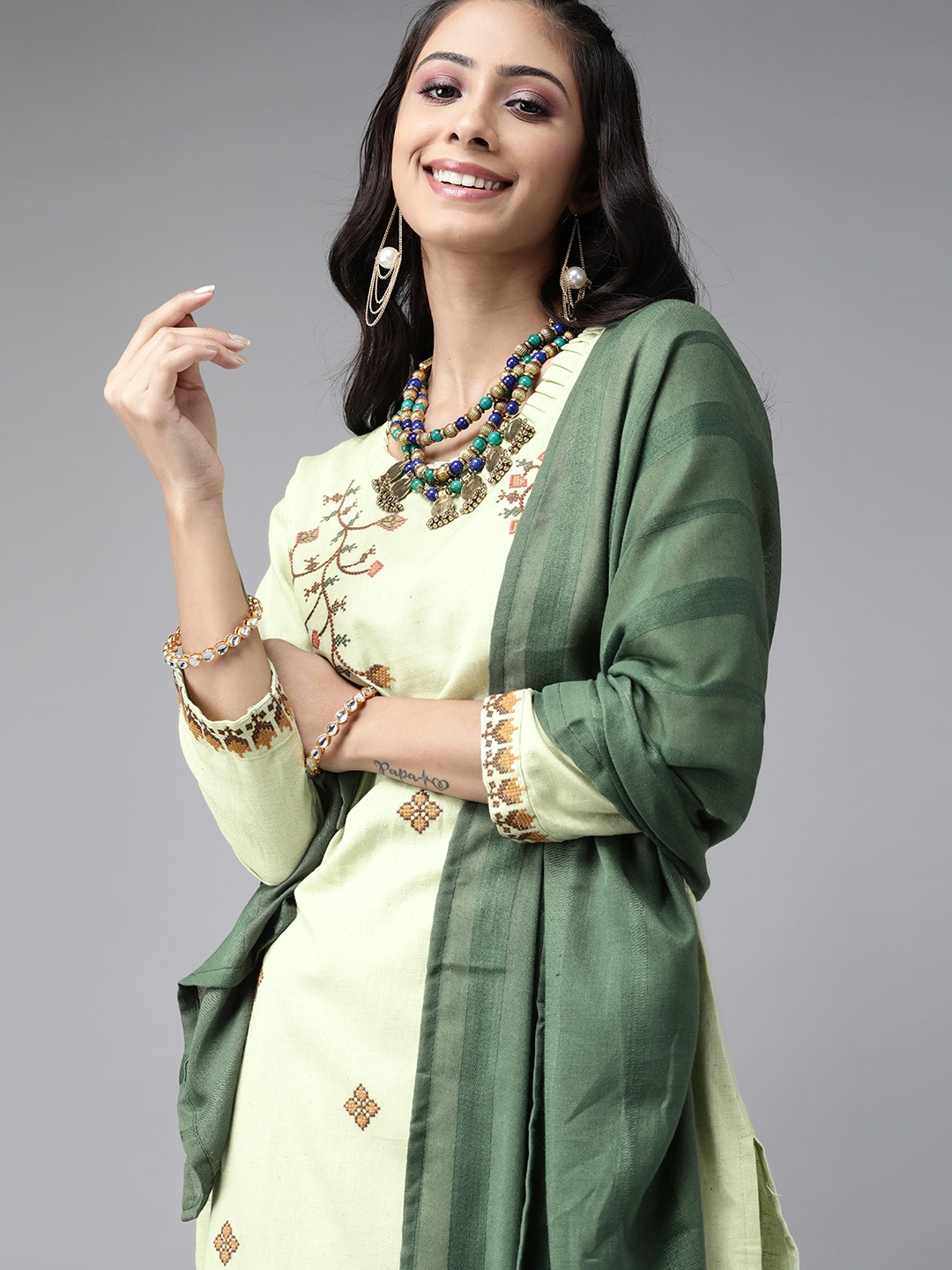 

Indo Era Women Green Embroidered Thread Work Kurta With Trousers & Dupatta