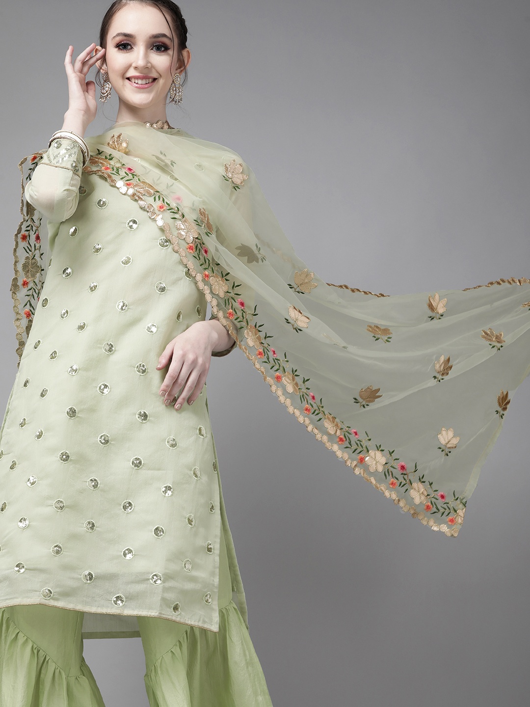 

Indo Era Women Green Embroidered Sequinned Kurta with Sharara & Dupatta