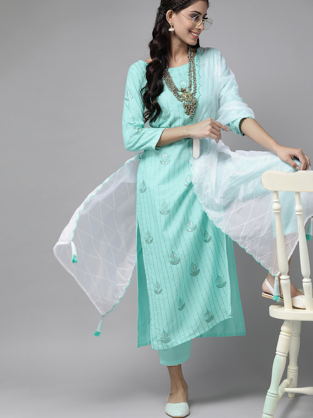 

Indo Era Women Turquoise Blue Pure Cotton Embroidered Kurta with Trousers & Dupatta