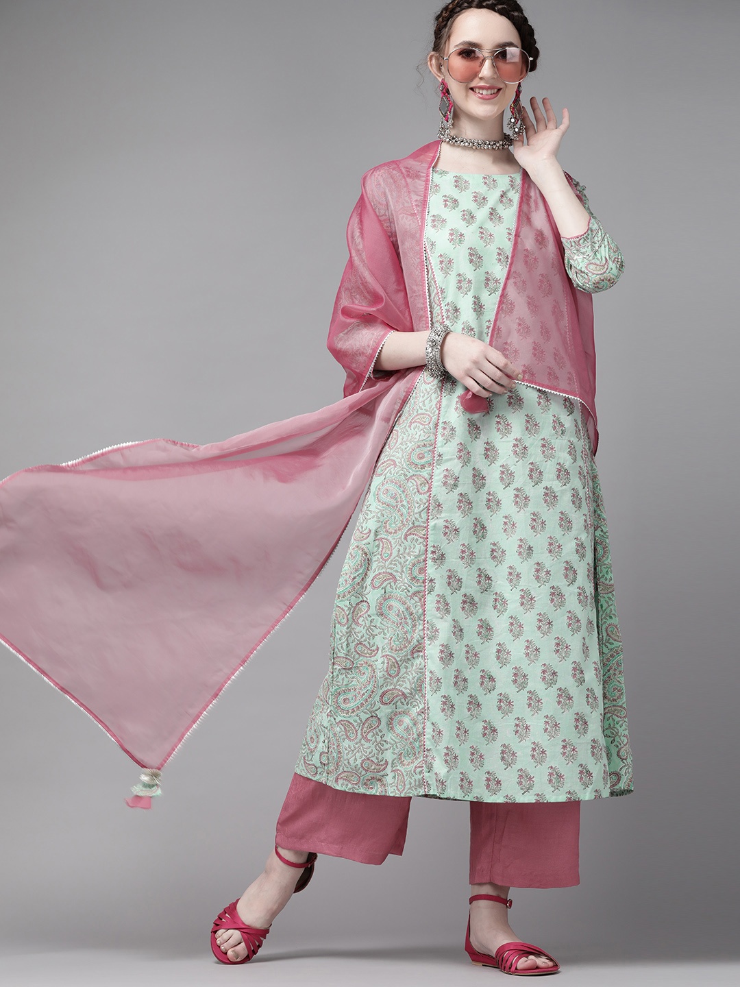 

Indo Era Women Blue & Pink Ethnic Motifs Printed Gotta Patti Kurta with Palazzos & Dupatta