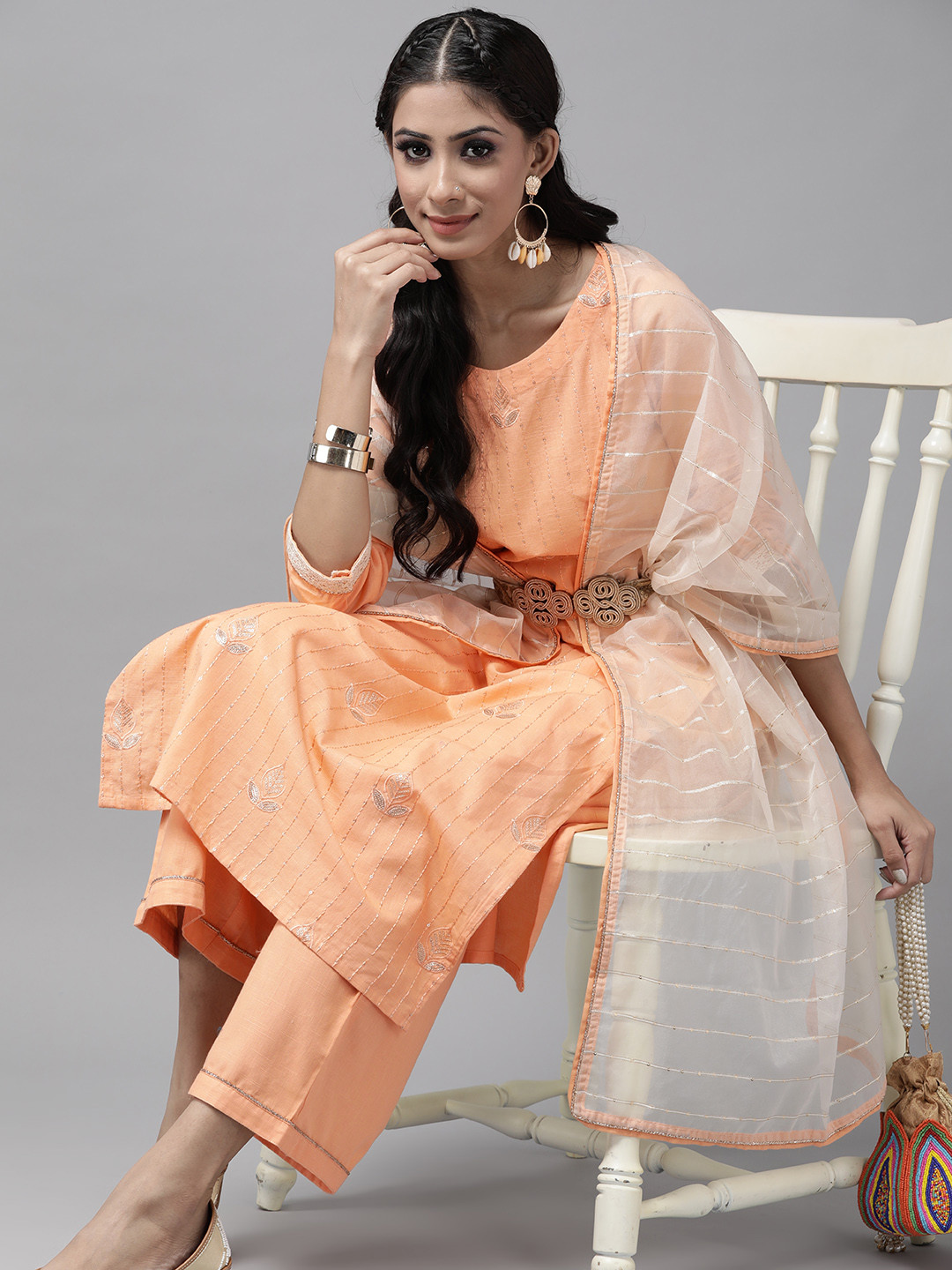 

Indo Era Women Peach-Coloured Embroidered Pure Cotton Kurta with Palazzos & With Dupatta