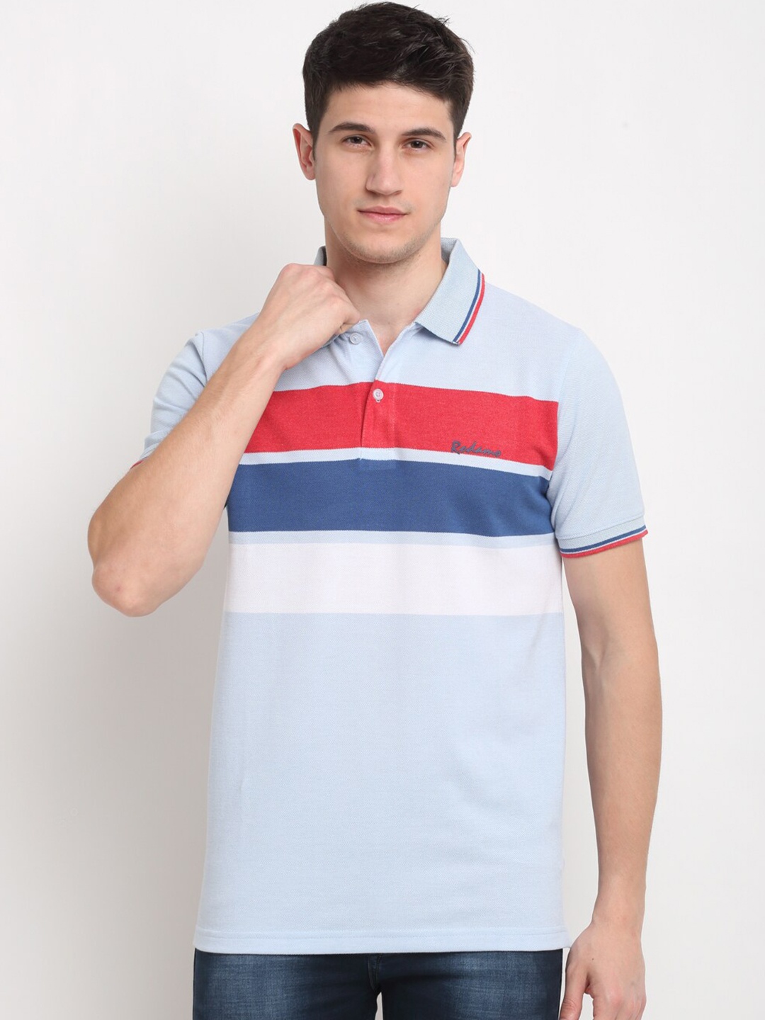 

Rodamo Men Blue & Red Striped Polo Collar T-shirt