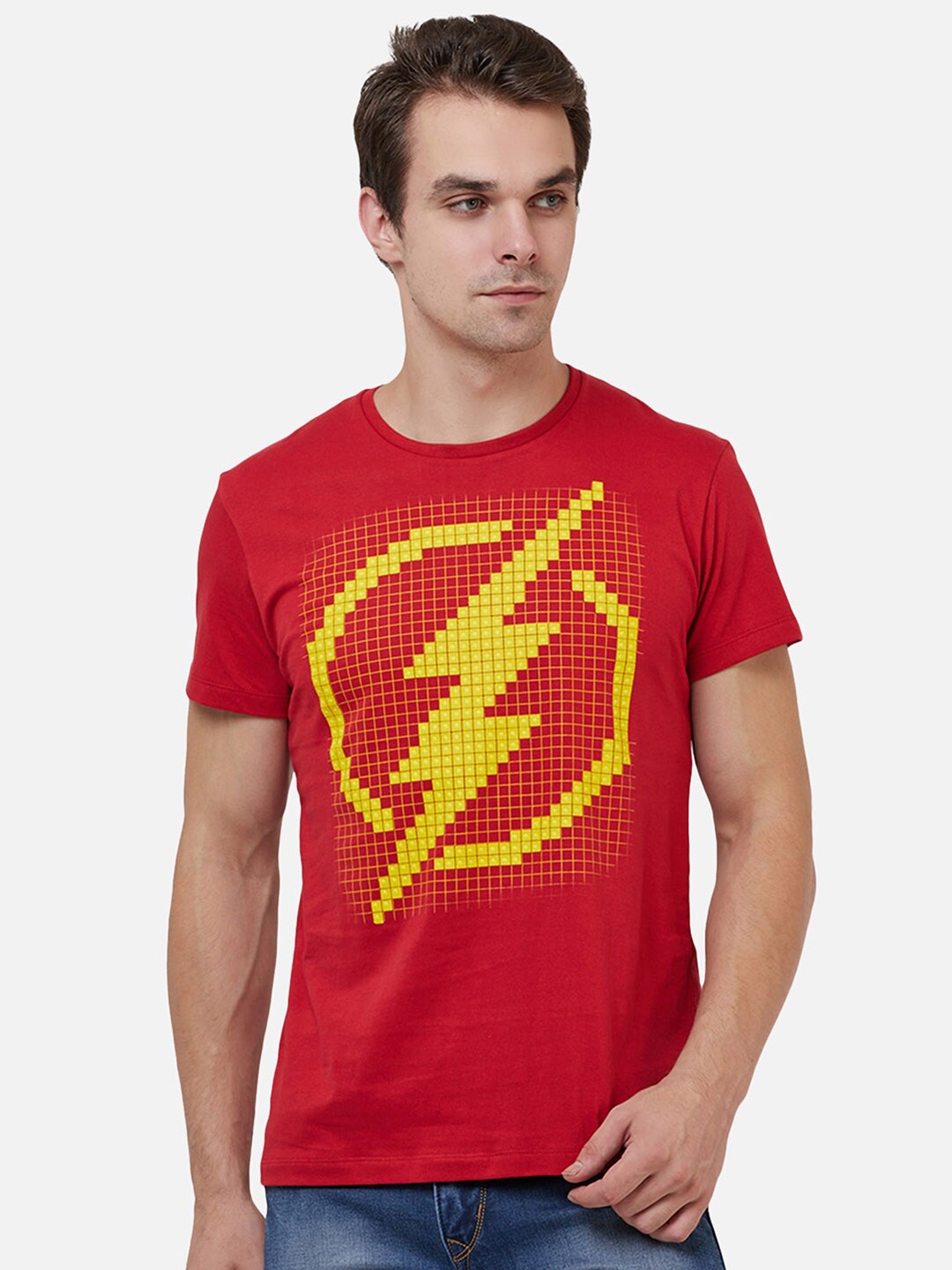 

Free Authority Men Red & Yellow Flash Printed Round Neck T-shirt