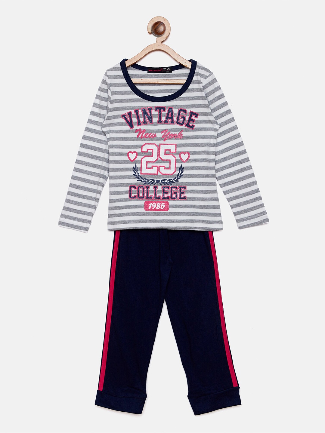 

Nins Moda Girls Navy Blue & White Striped Night suit