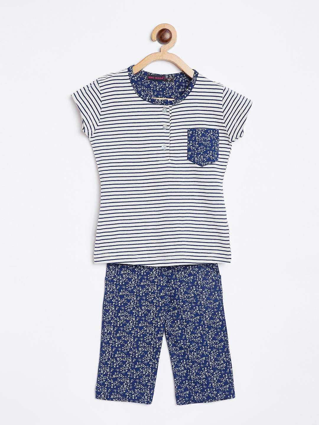 

Nins Moda Girls Navy Blue & White Striped Night suit