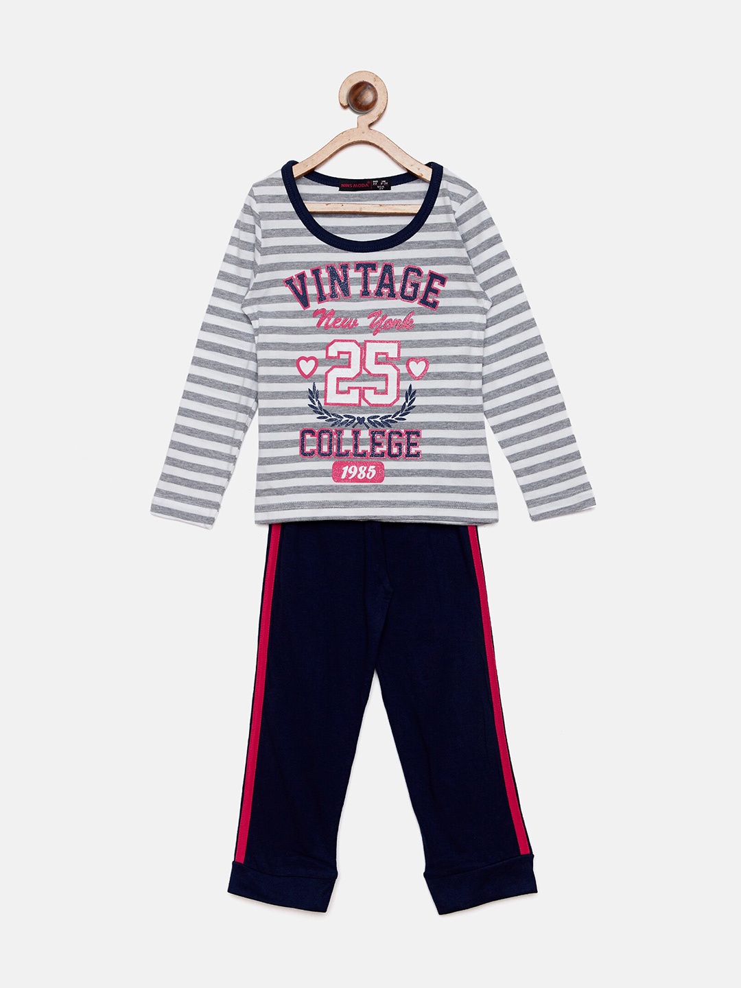 

Nins Moda Girls Navy Blue & White Striped Night suit