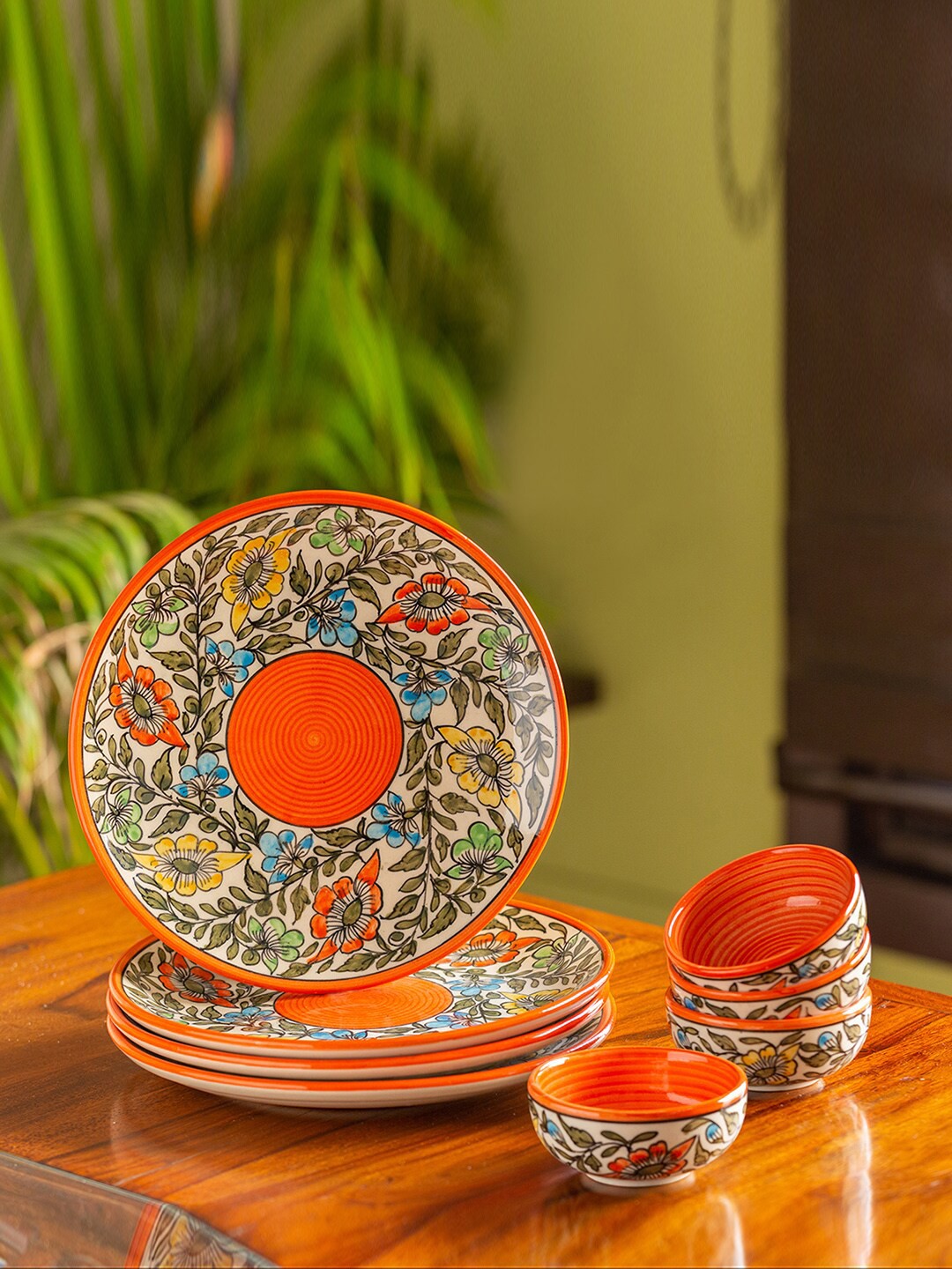 

ExclusiveLane Set of 8 Cream-Coloured & Orange Printed Ceramic Dinner Plates With Bowls
