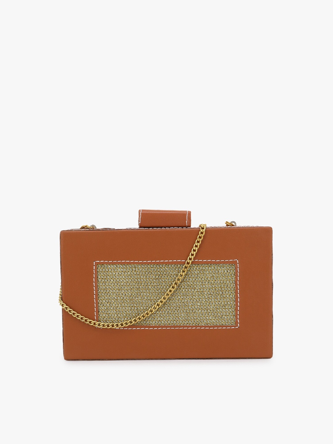 

Anekaant Tan & Gold-Toned Colourblocked Embellished Clutch