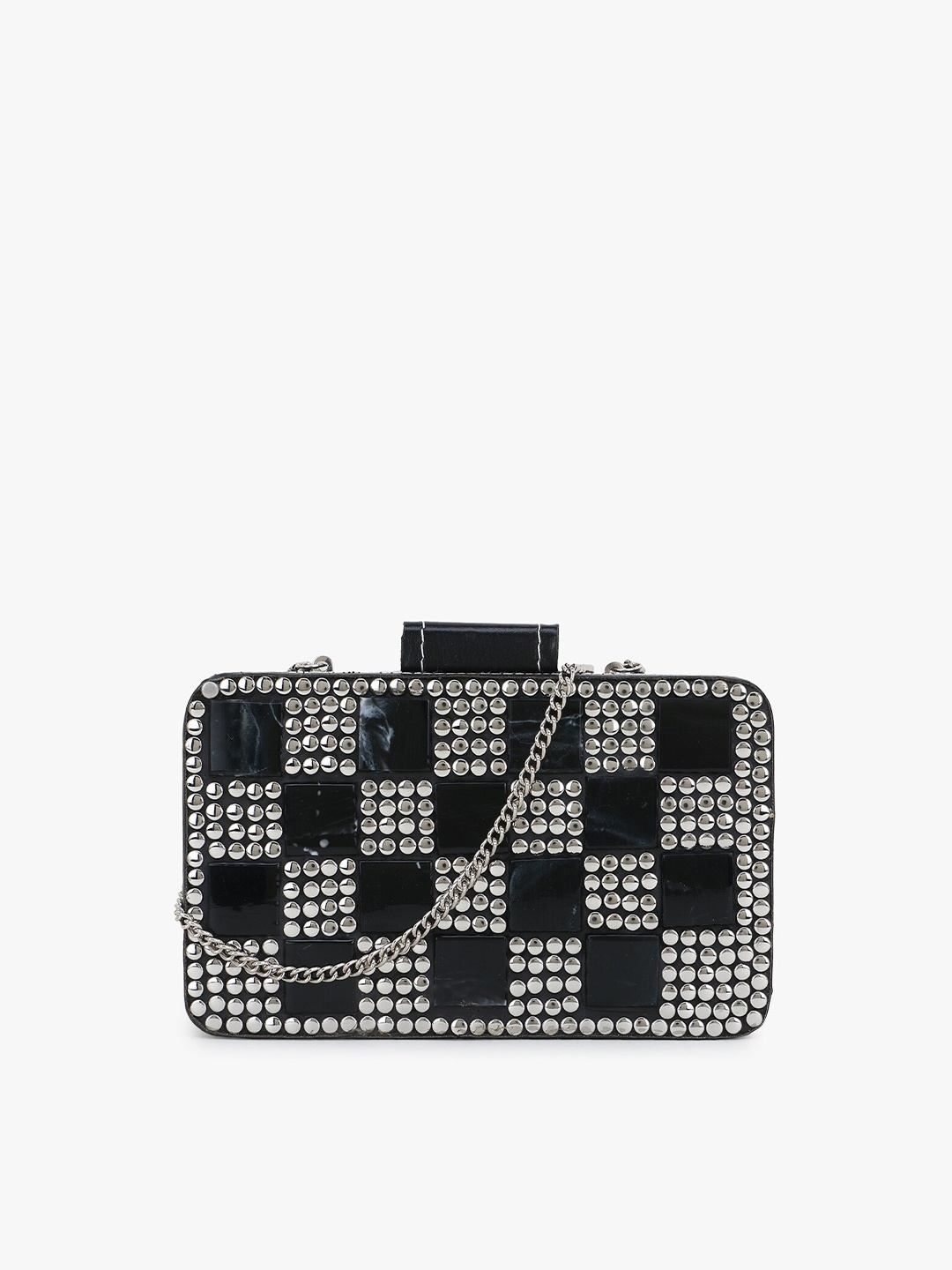 

Anekaant Black & Silver-Toned Checked Embellished Clutch