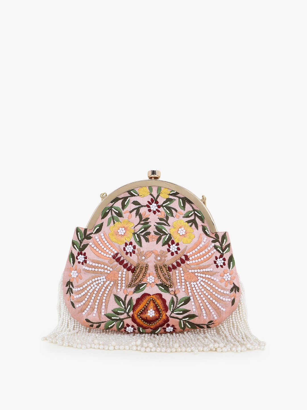 

Anekaant Peach-Coloured & Green Embellished Tasselled Clutch
