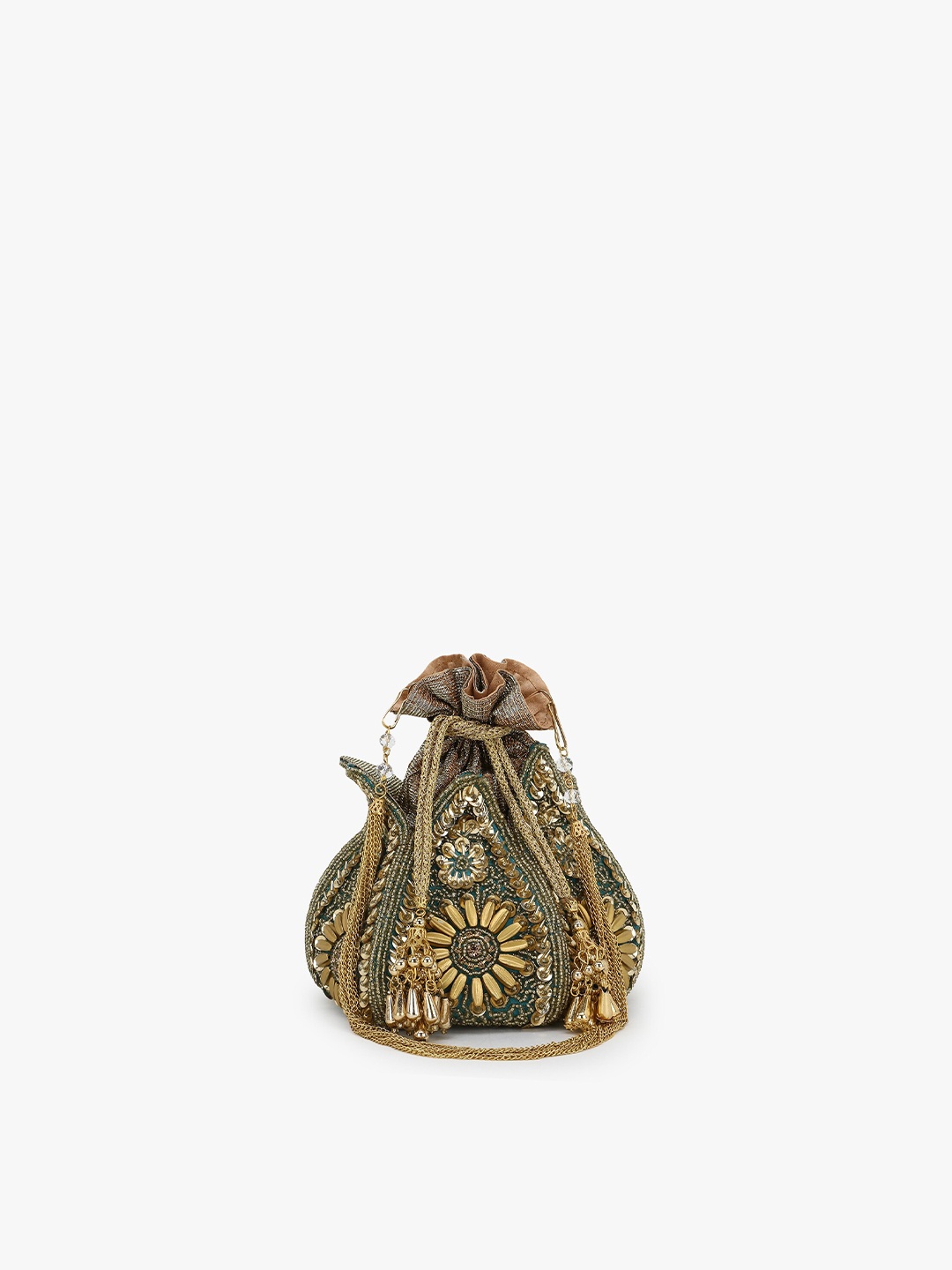 

Anekaant Green & Gold-Toned Embellished Tasselled Clutch