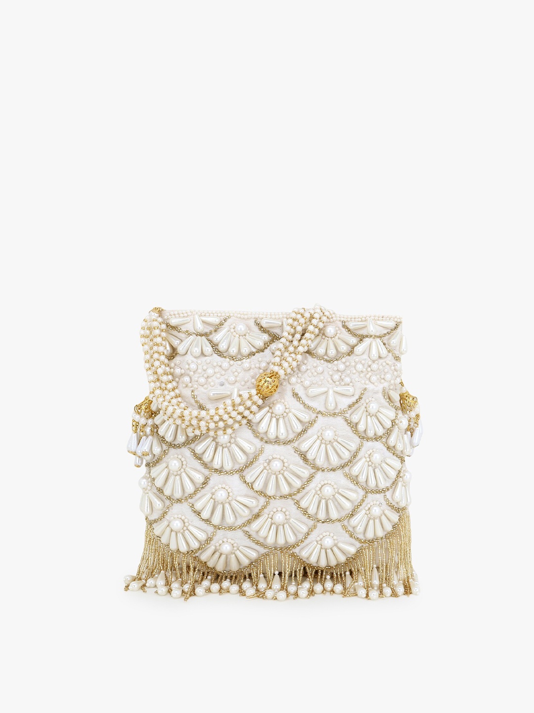 

Anekaant White & Gold-Toned Embellished Tasselled Clutch