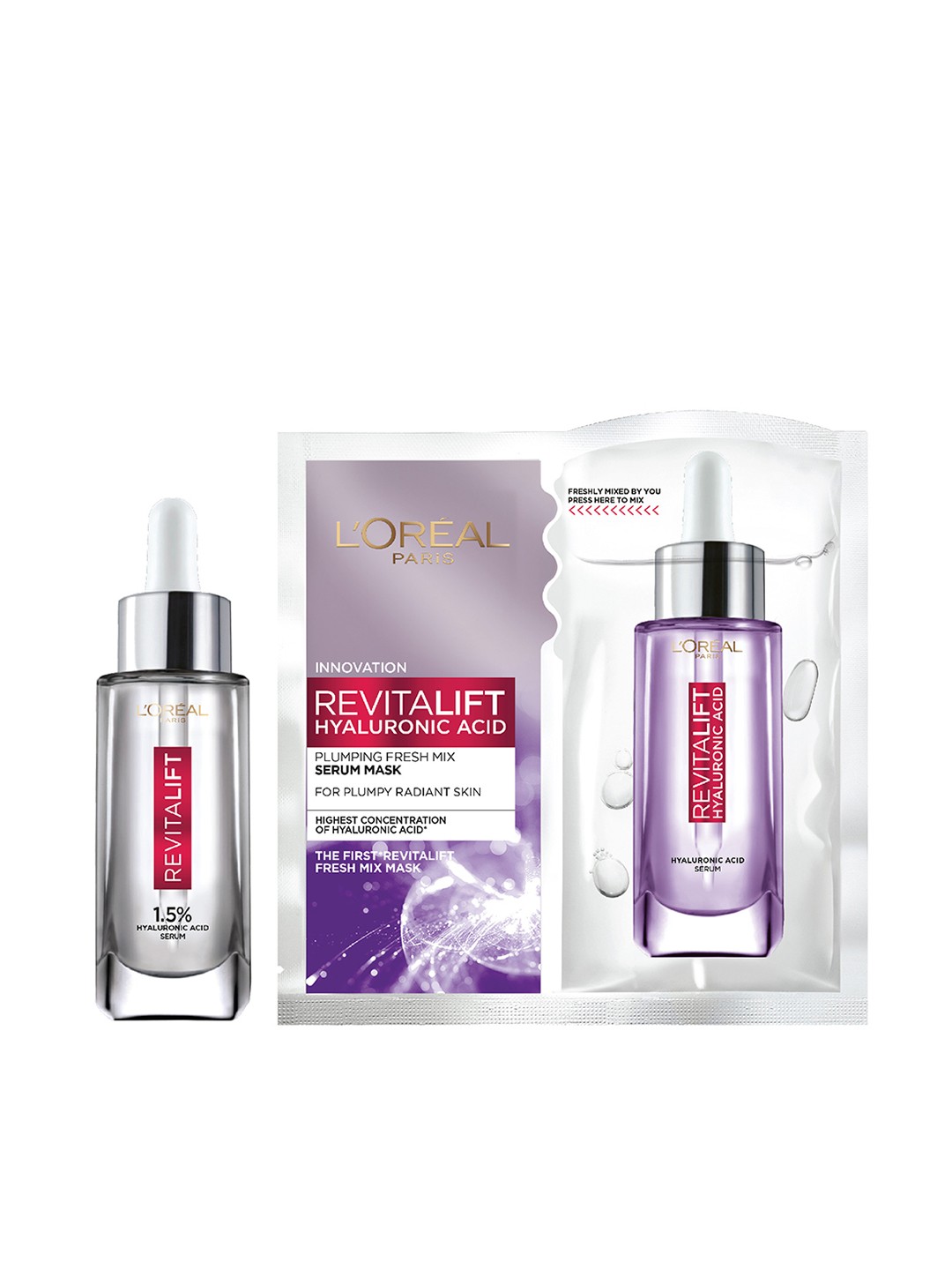 

LOreal Paris Set of Hyaluronic Acid Face Serum & Serum Sheet Mask - 15 ml + 33 g, Transparent