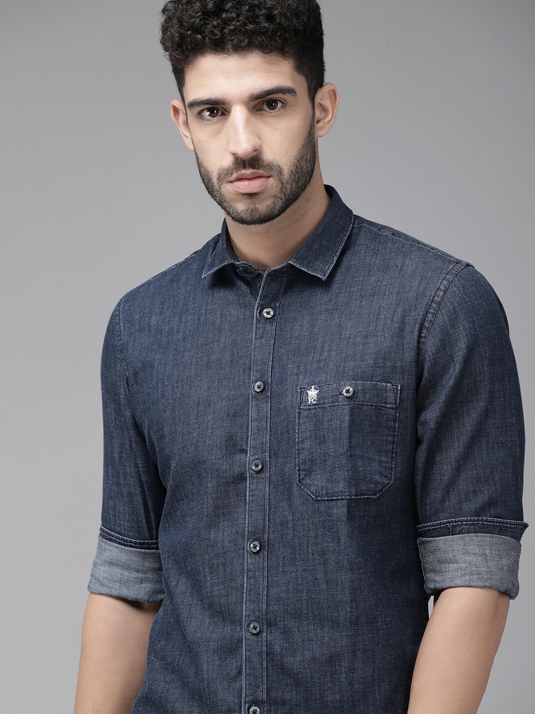 

French Connection Men Blue Slim Fit Faded Pure Cotton VEITNAM DENIM Casual Shirt