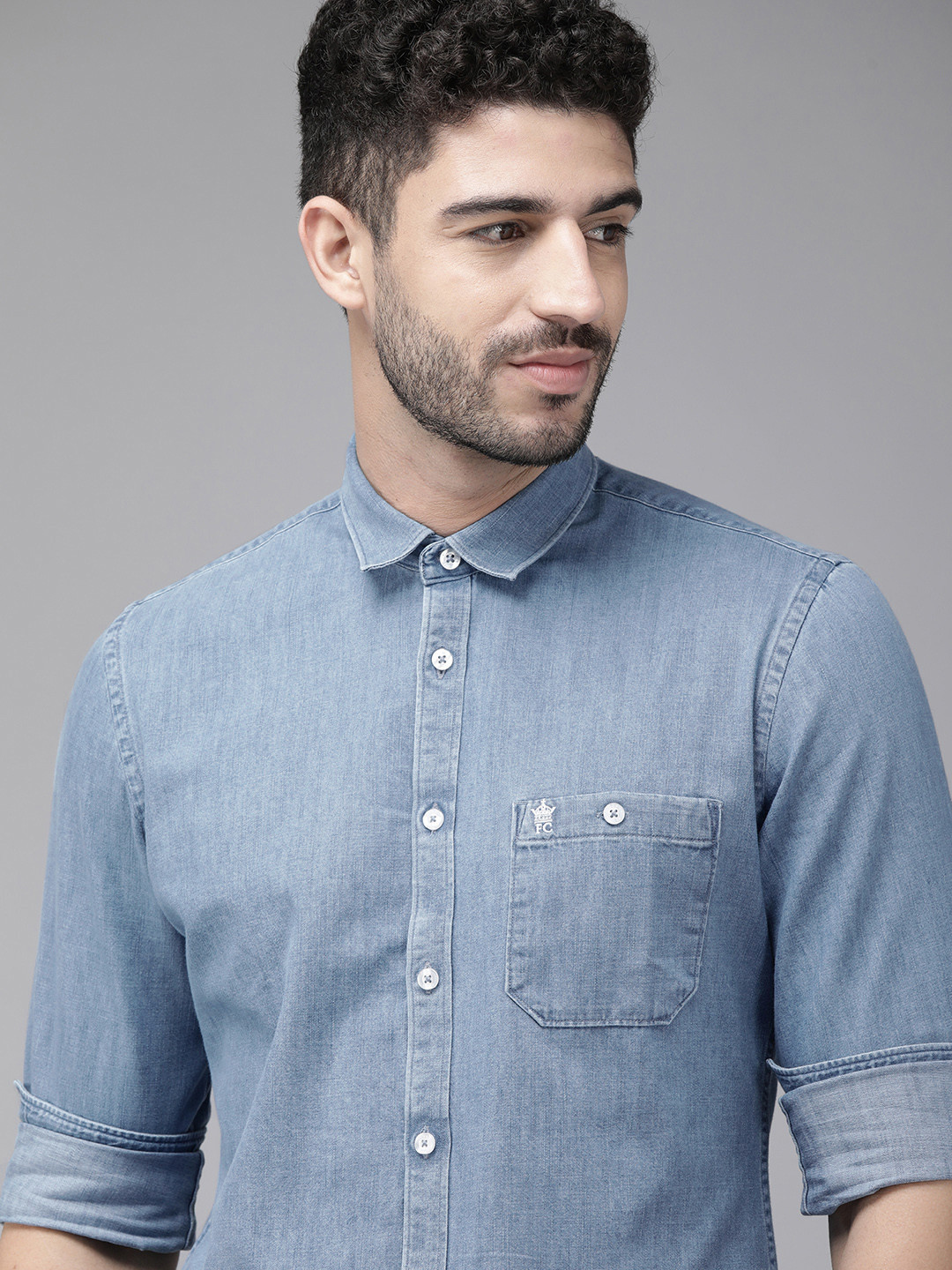 

French Connection Men Blue Slim Fit Faded VELLORE DENIM Pure Cotton Casual Shirt