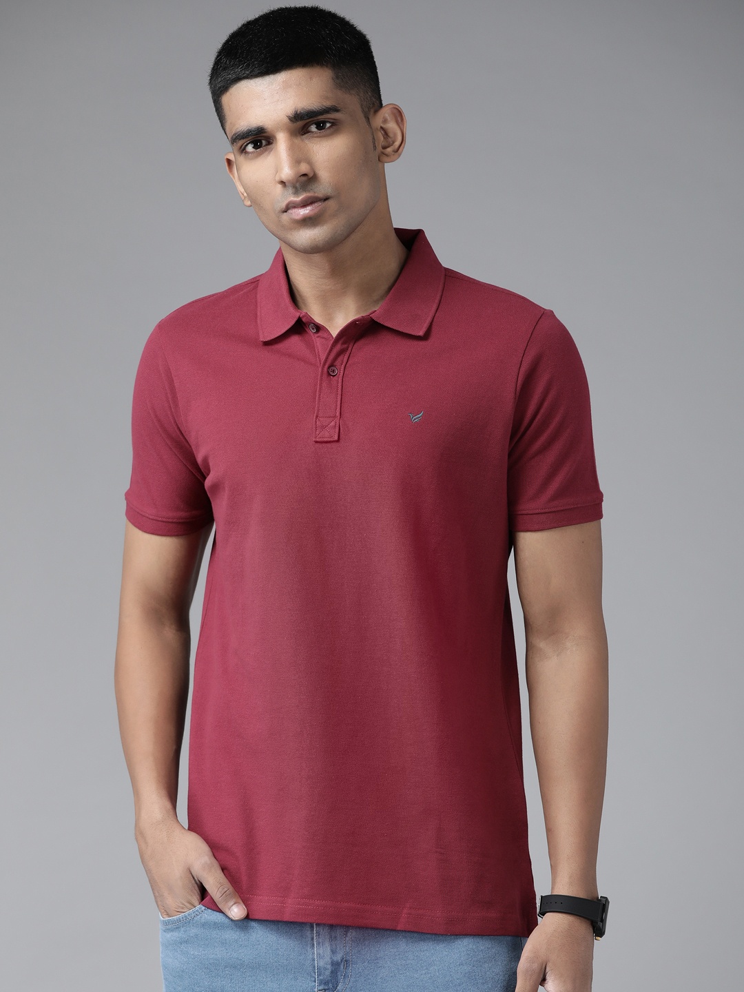 

Blackberrys Men Burgundy Pure Cotton Solid Polo Collar T-shirt