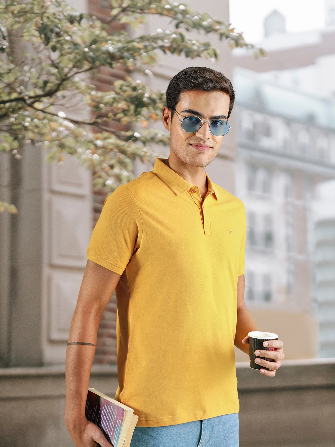 

Blackberrys Men Mustard Yellow Solid Polo Collar Pure Cotton T-shirt