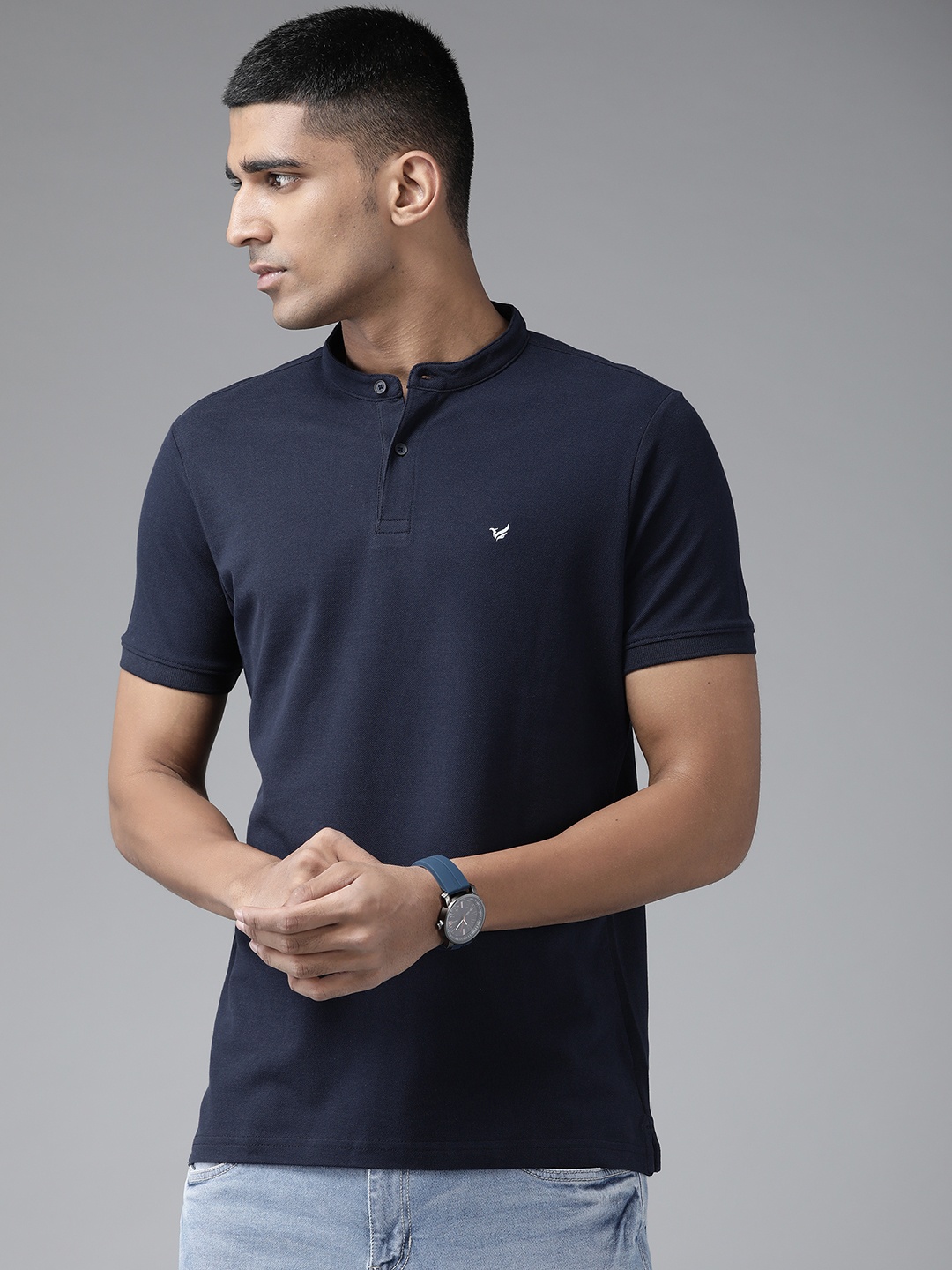 

Blackberrys Men Navy Blue Henley Neck Pure Cotton T-shirt