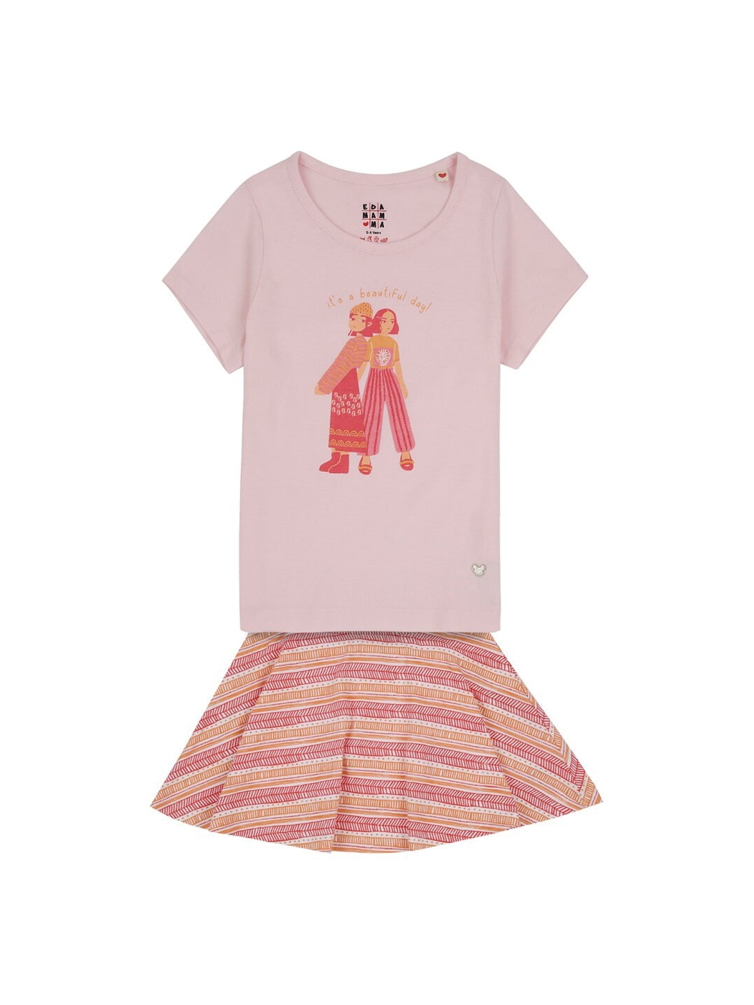 

Ed-a-Mamma Girls Pink & White Printed Sustainable T-shirt with Skirt