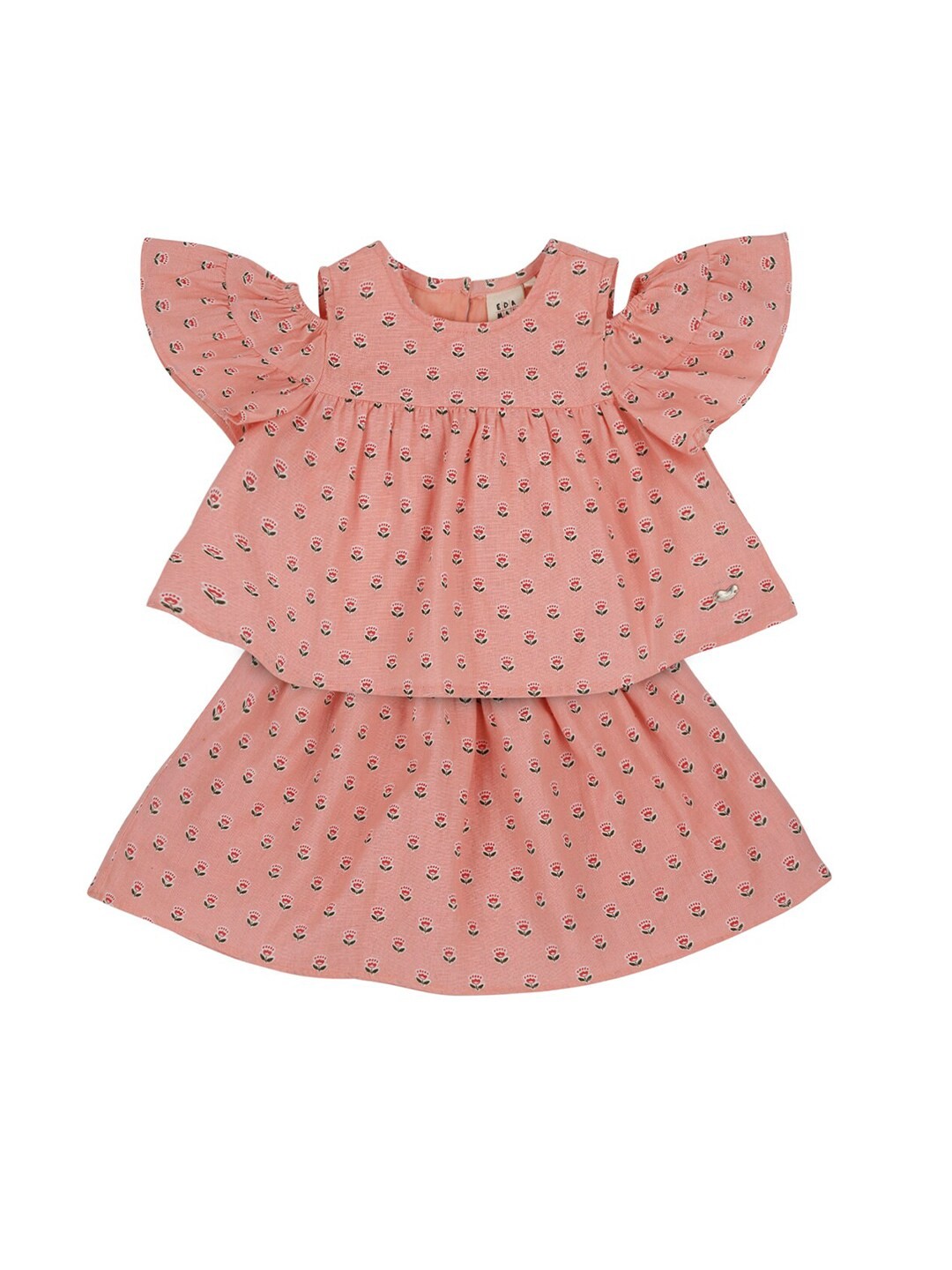 

Ed-a-Mamma Girls Peach-Coloured & Red Printed Sustainable Top with Skirt