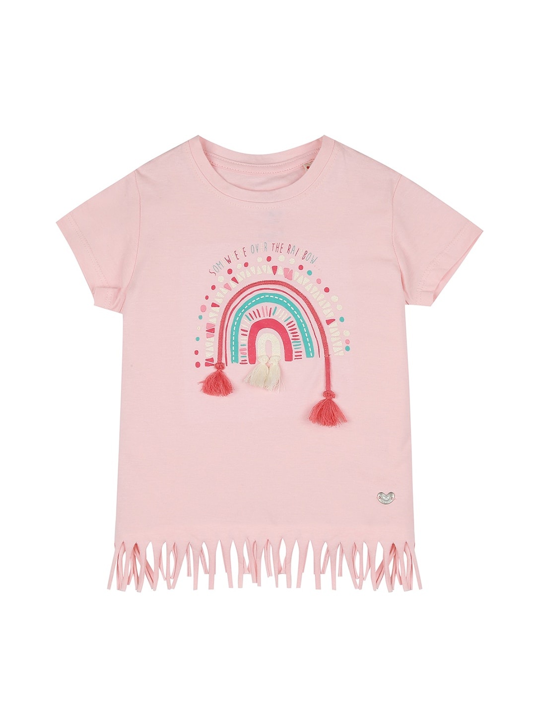 

Ed-a-Mamma Girls Pink Printed Fringed Round Neck Sustainable T-shirt