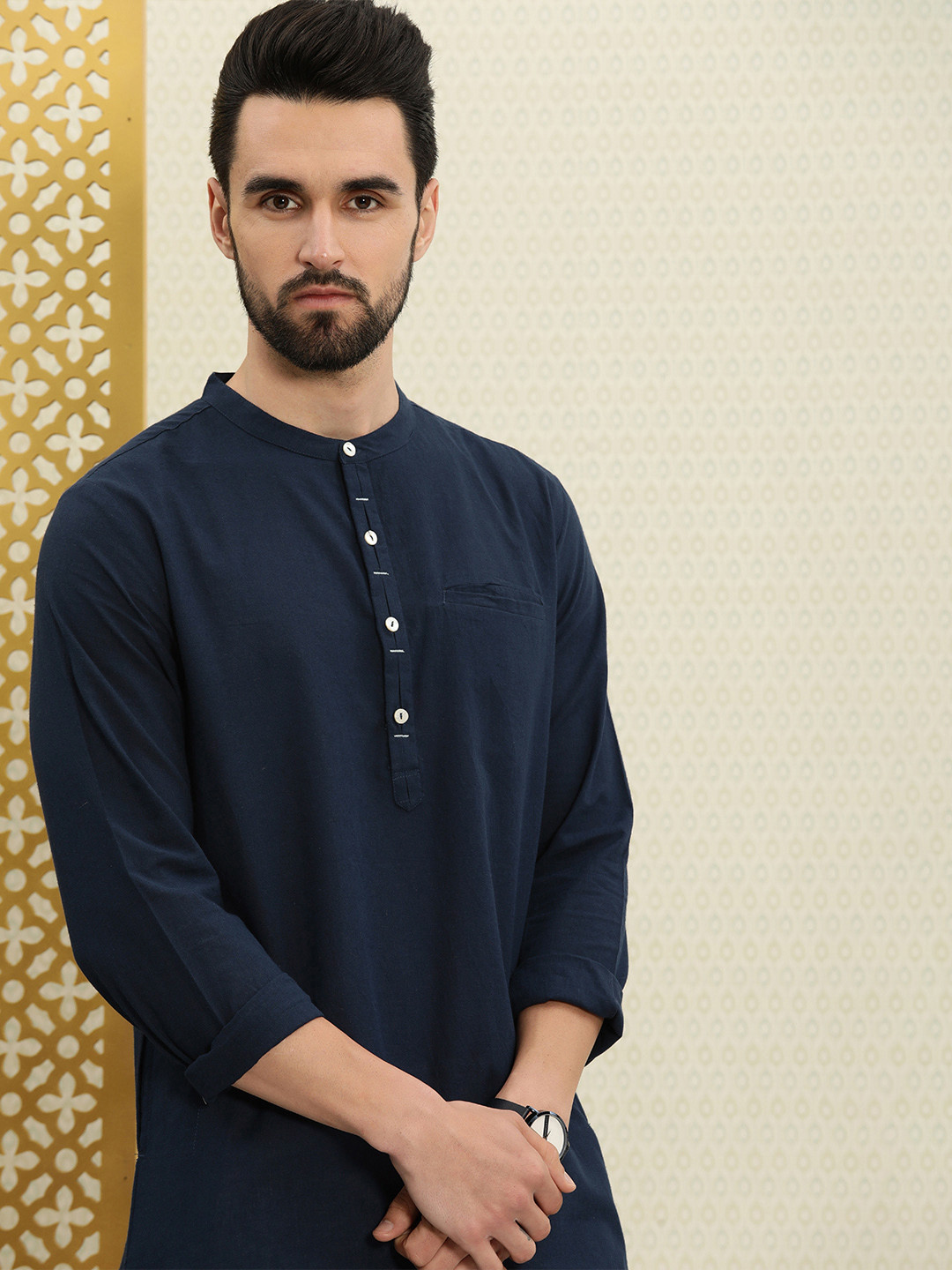 

House of Pataudi Men Navy Blue Rozana Kurta