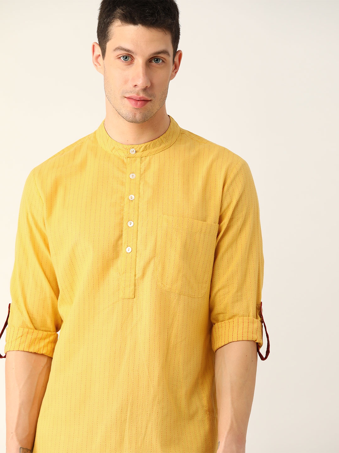 

House of Pataudi Rozana Men Mustard Yelow & Red Pure Cotton Striped Rozana Kurta