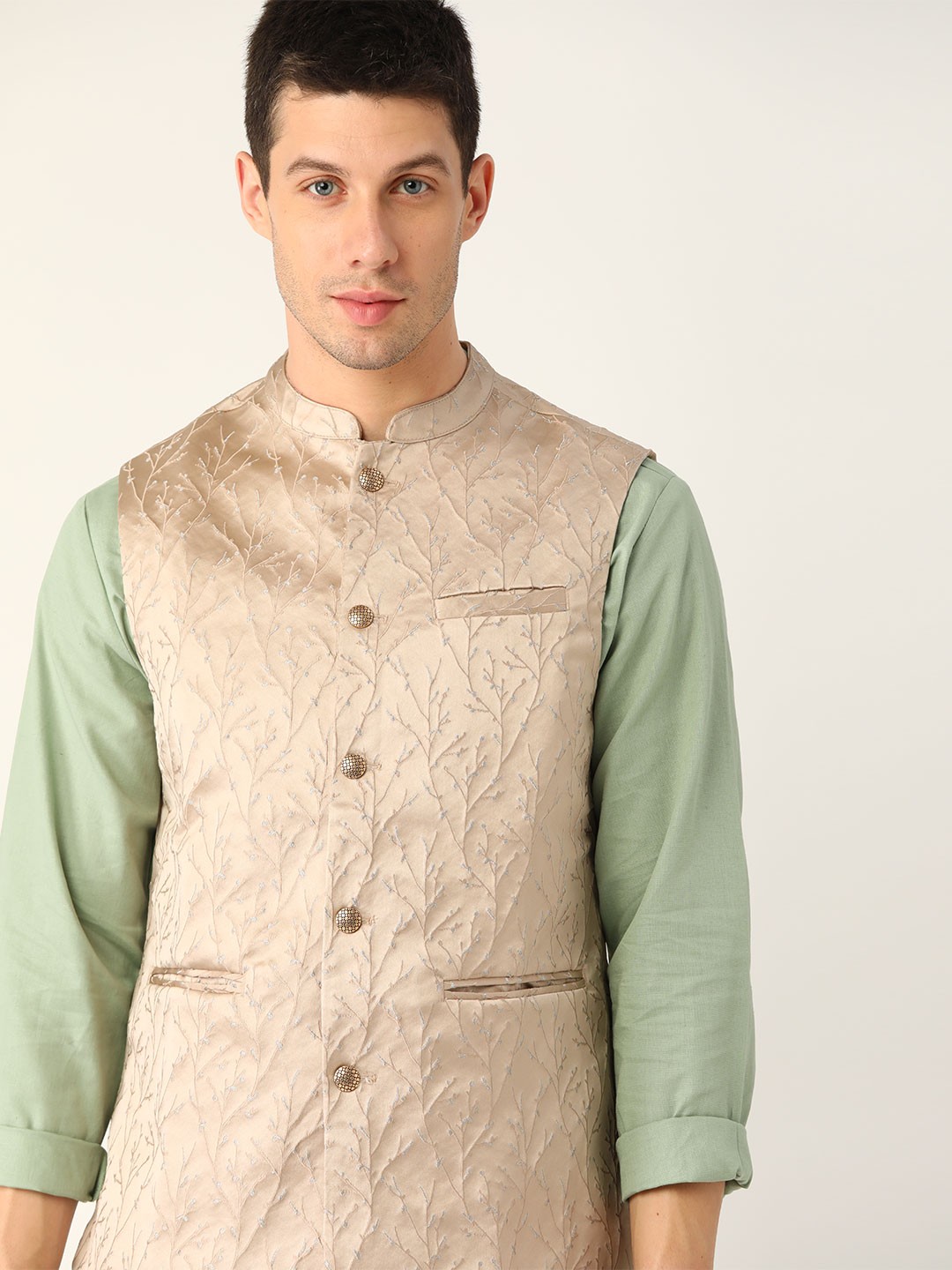 

House of Pataudi Men Golden Embroidered Nehru Jacket, Gold