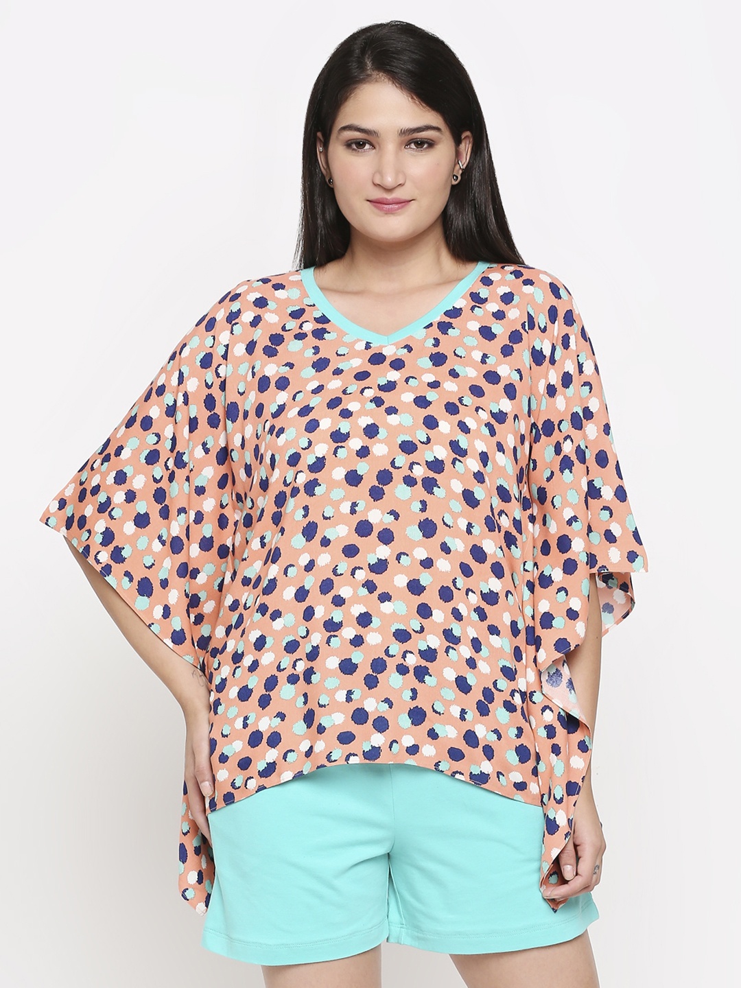 

XIN Women Peach-Coloured & Turquoise Blue Printed Night suit