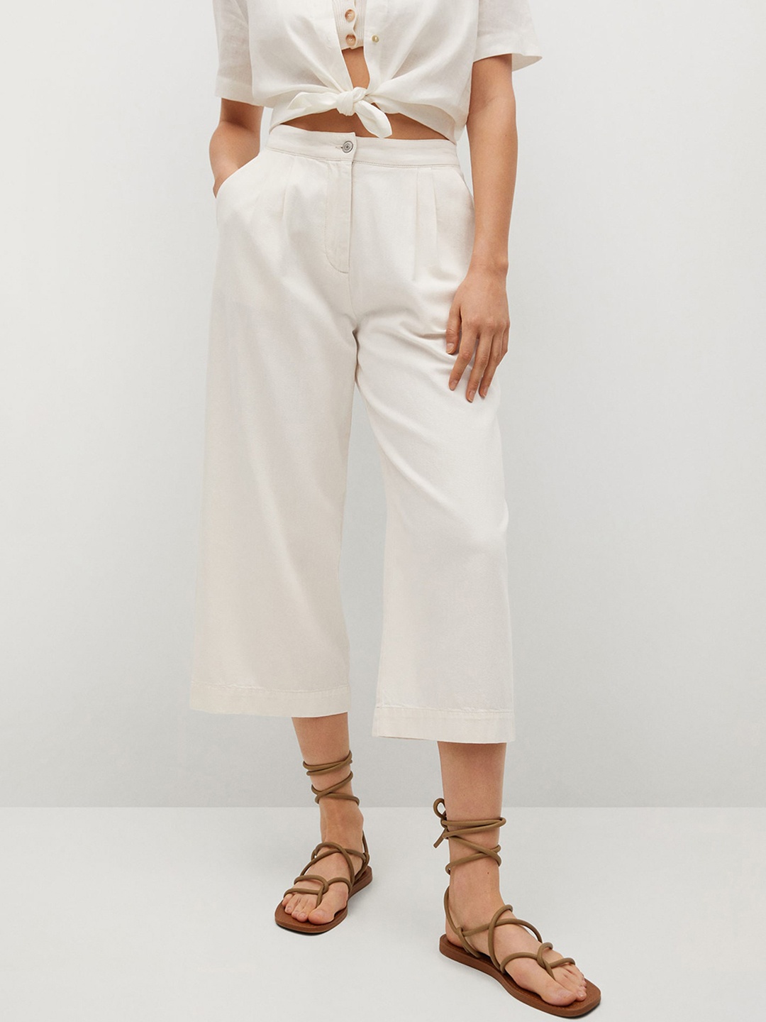 

MANGO Women White Sustainable Cotton Pleated Parallel Trousers