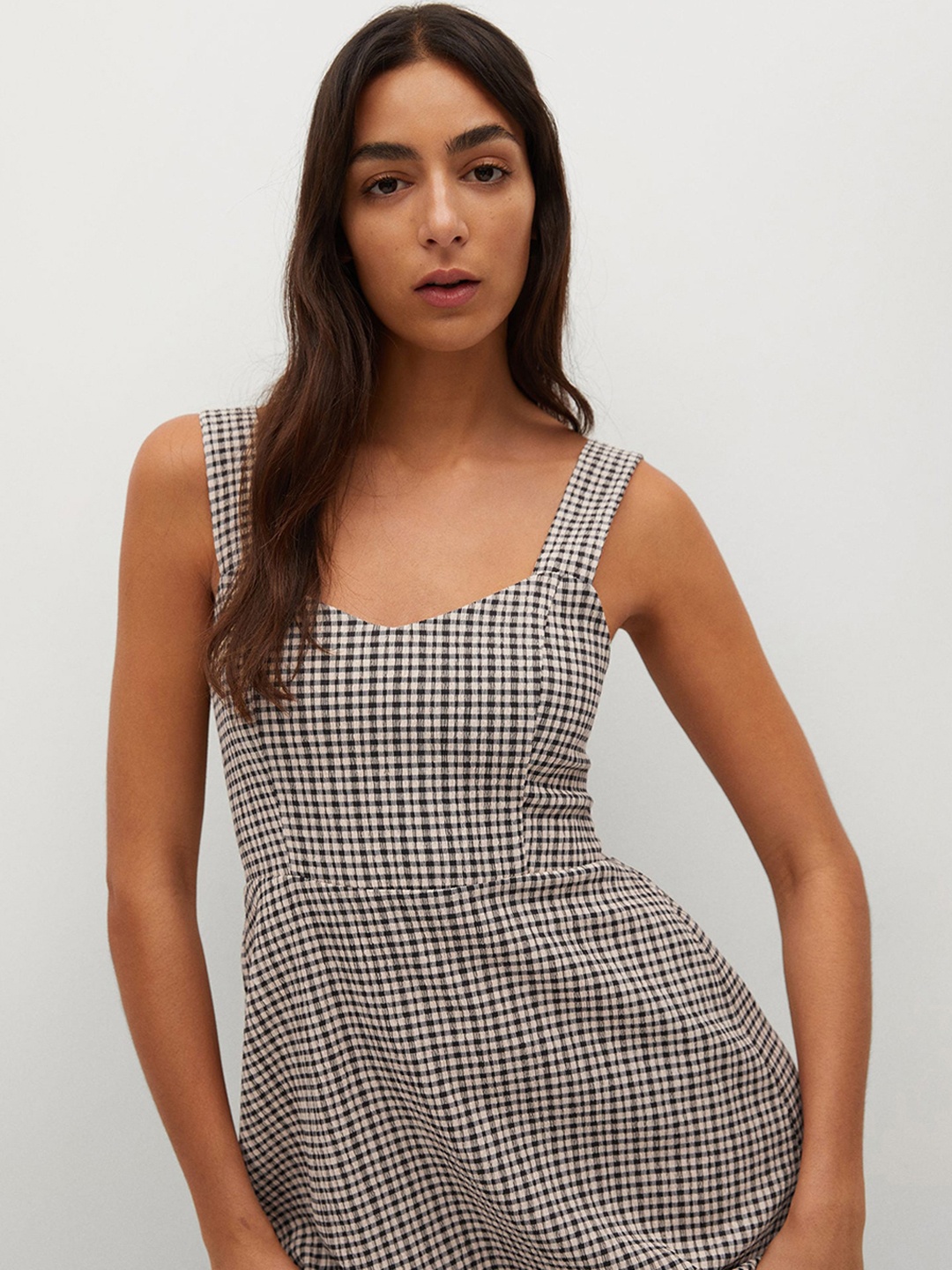 

MANGO Women White & Black Checked Seersucker A-Line Midi Sustainable Dress