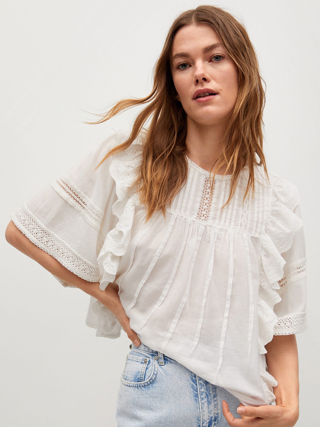 

MANGO White Sustainable Cotton Openwork Ruffled Flared Sleeves Top