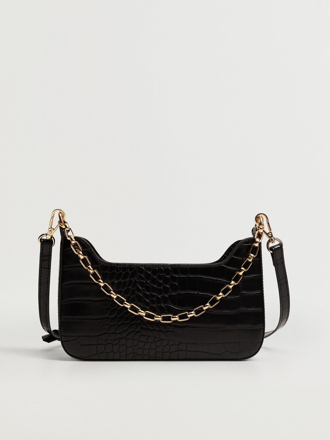 

MANGO Black Croc Textured Handheld Bag