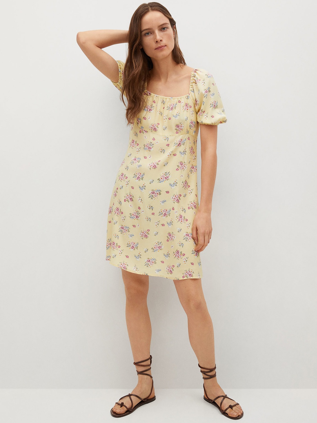 

MANGO Yellow & Purple Floral Print Sustainable A-Line Dress