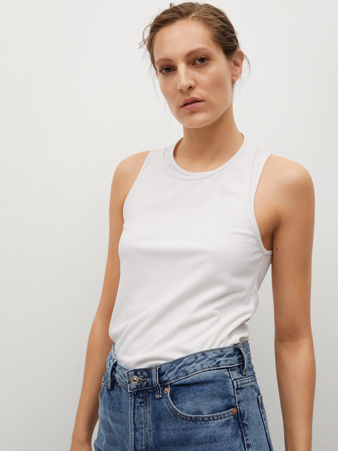 

MANGO Sustainable Off White Ribbed Regular Top