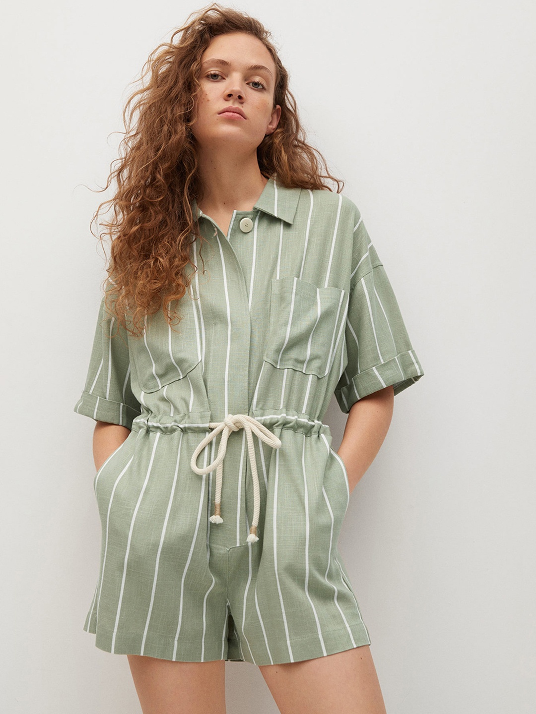 

MANGO Green & White Striped Playsuit