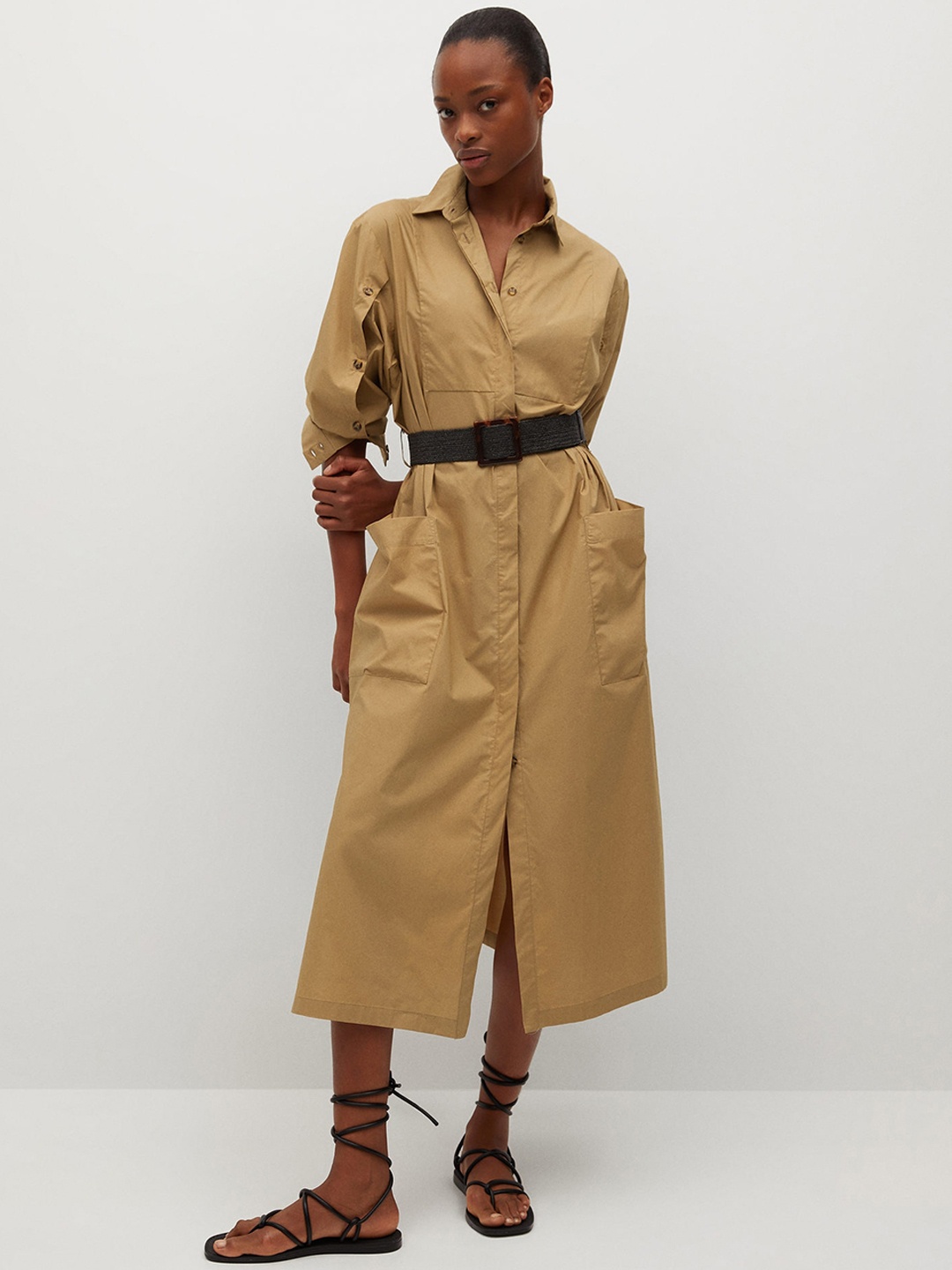 

MANGO Women Beige Solid Shirt Style Midi Sustainable Dress Comes With A Belt