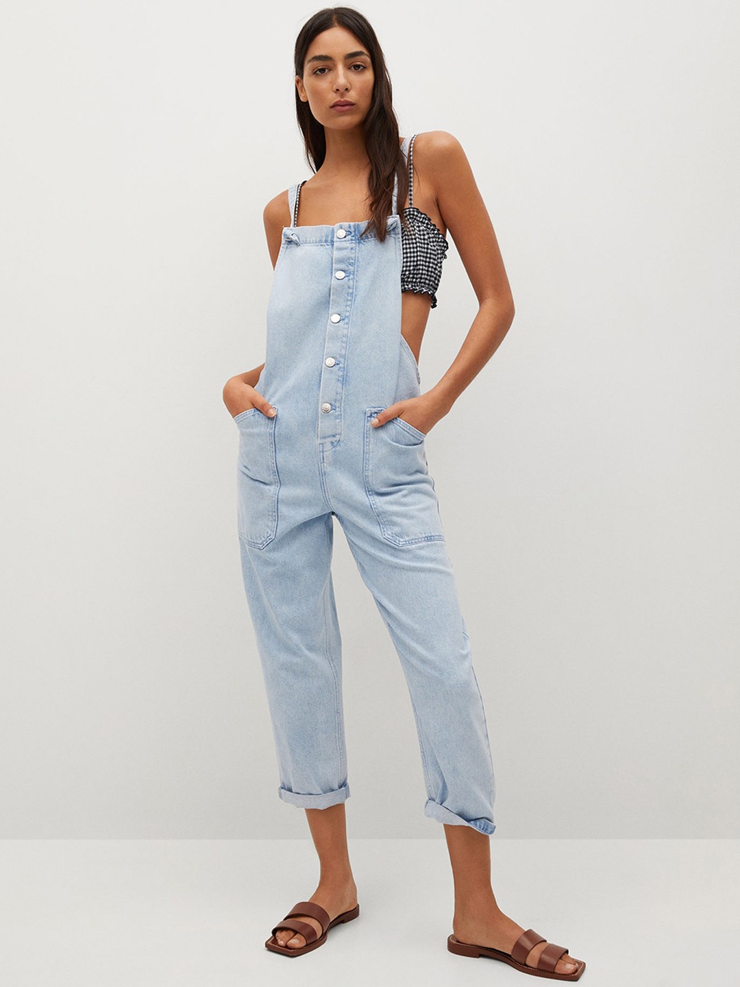 

MANGO Women Blue Solid Pure Cotton Denim Dungarees