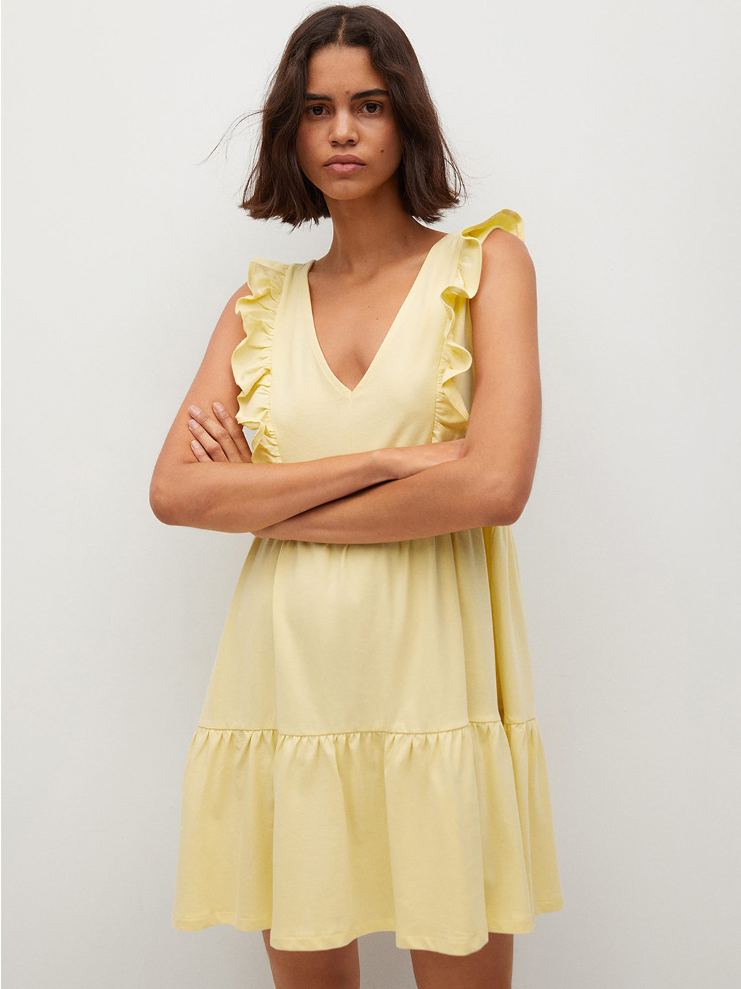 

MANGO Women Yellow Solid A-Line Tiered Sustainable Dress