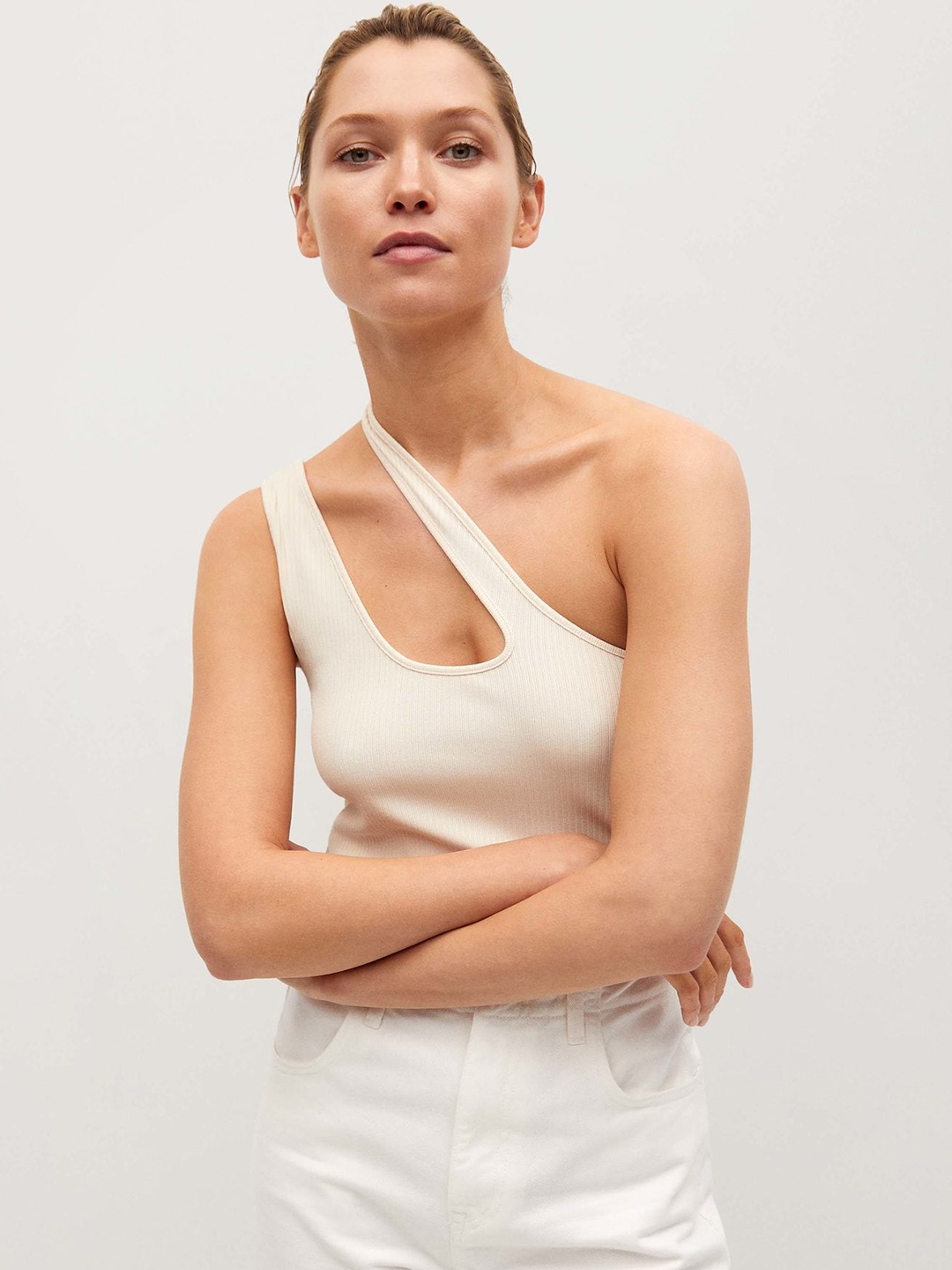 

MANGO White Ribbed One Shoulder Fitted Top