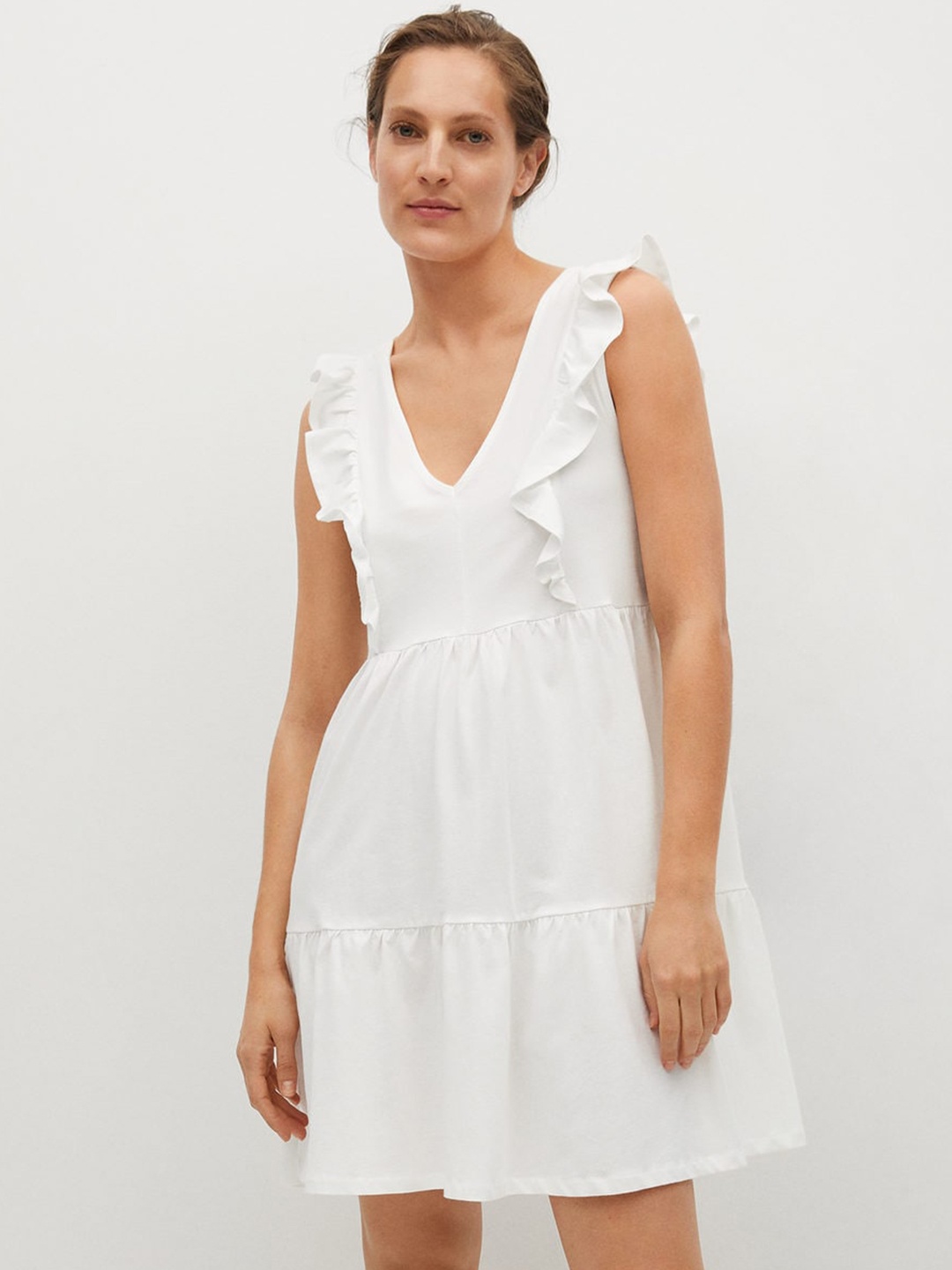 

MANGO White Solid Sustainable Organic Cotton Ruffled A-Line Dress